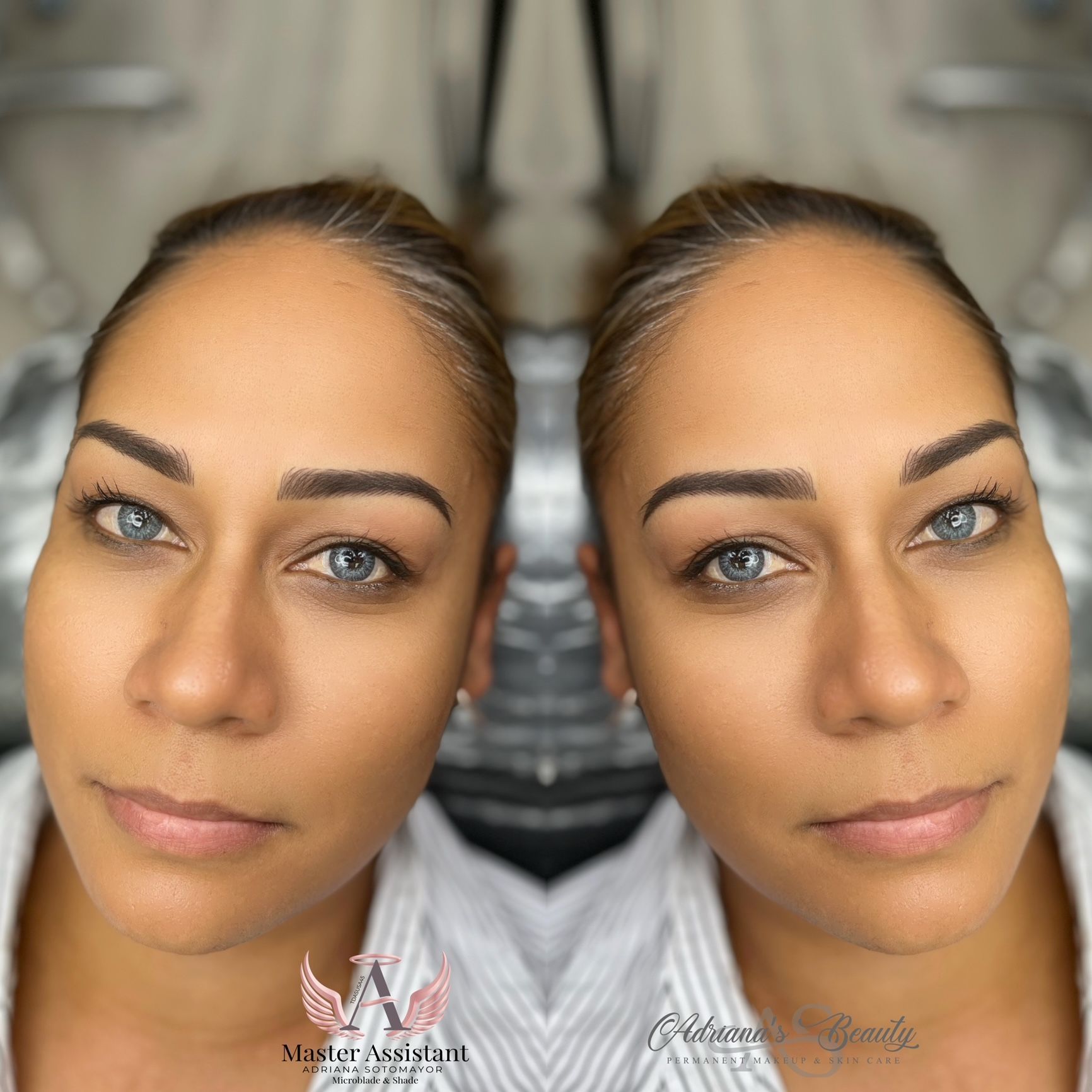 Two symmetrical portraits of a woman with newly microbladed eyebrows and light eyes.