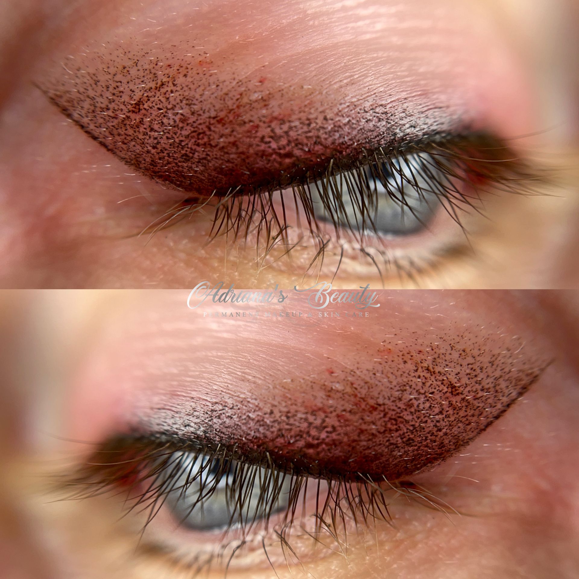 Close-up of a person's eye with permanent eyeliner. The eyeliner is dark brown and the lashes are long and dark.