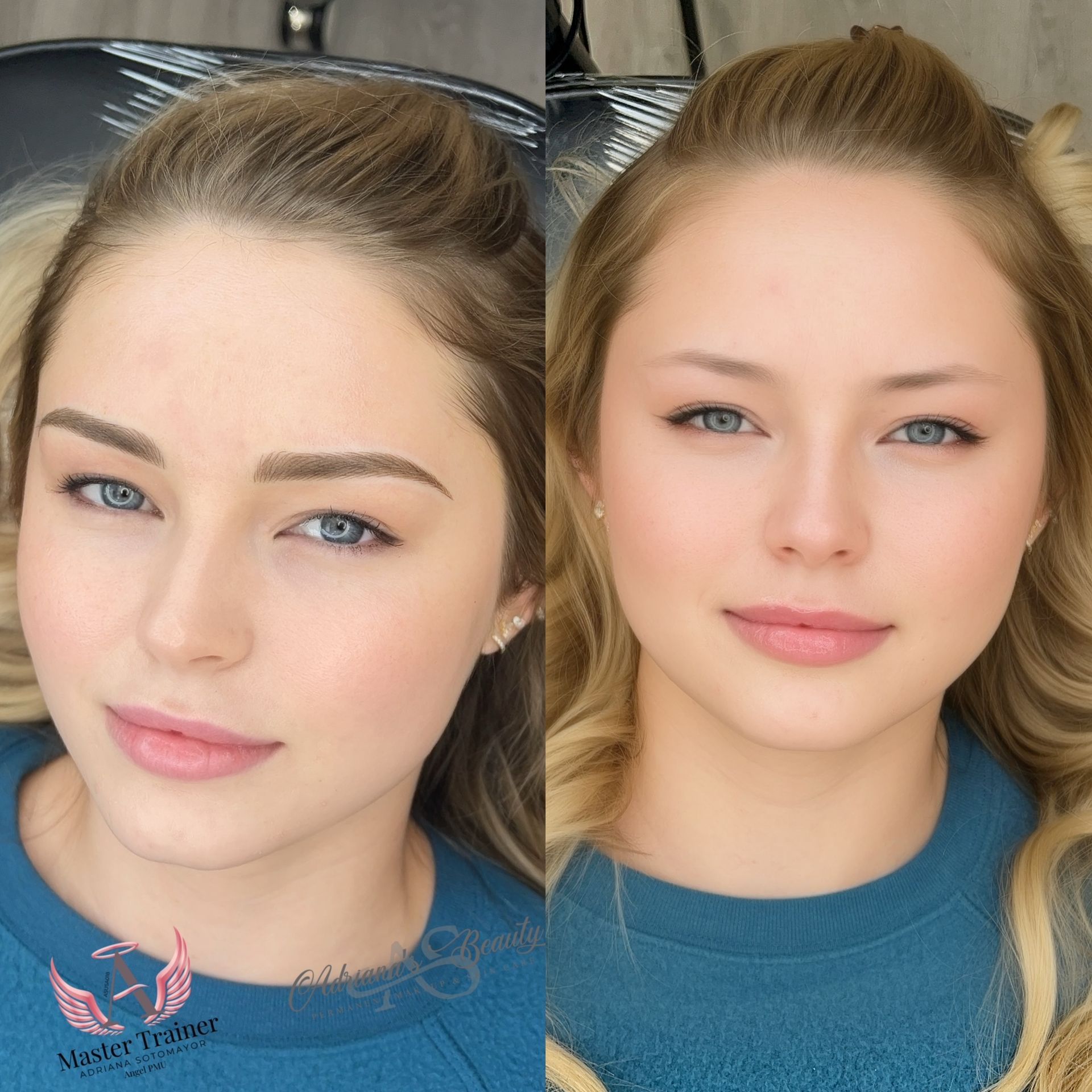 Before and after photos of a woman with eyebrow tattoo; demonstrating a natural look.