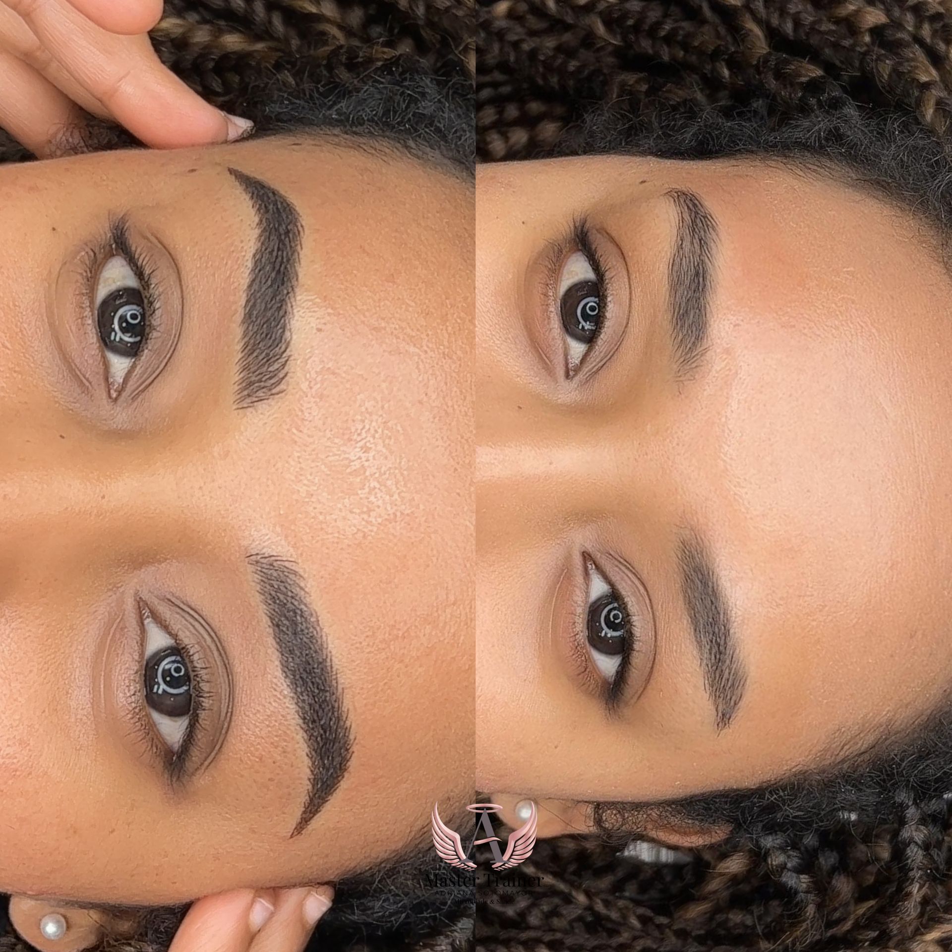 Two photos showing before and after eyebrow microblading on a woman. The tattooed eyebrows are darker and more defined.
