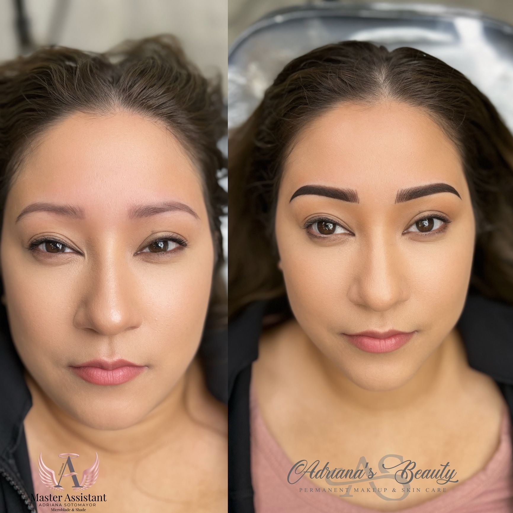 Before and after photos of a woman's eyebrows, showing the transformation after microblading.