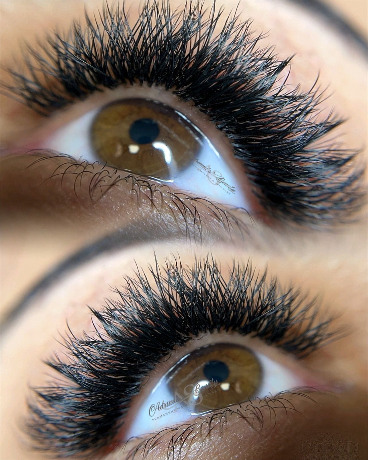 Close-up of brown eyes with dark, voluminous eyelash extensions.