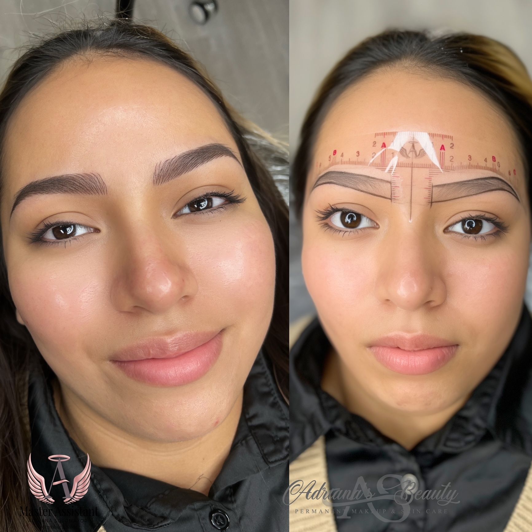 Before and after photos of a woman's eyebrow microblading. Left: completed; right: mapping guide applied.