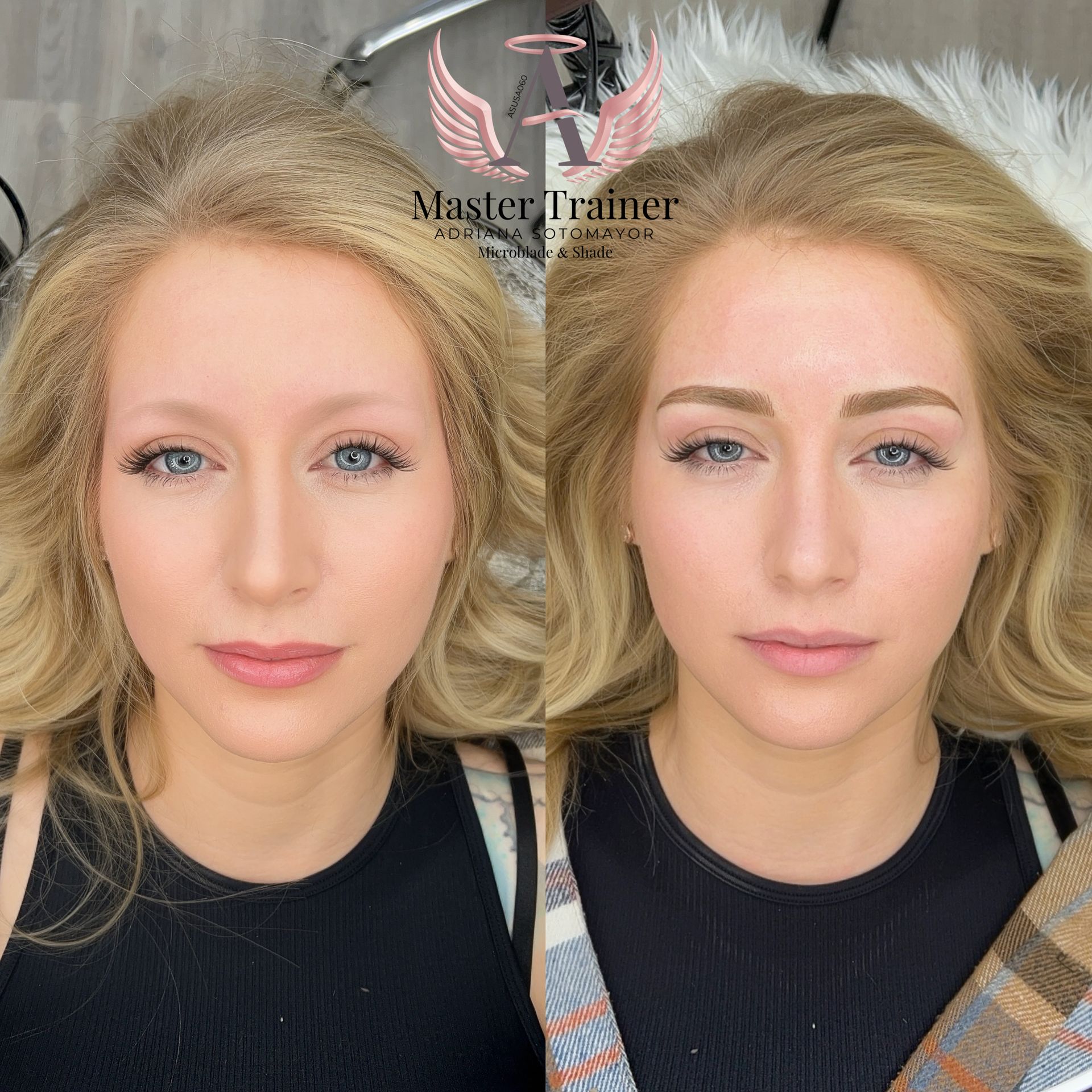 Before and after of a woman with blonde hair, showing sparse eyebrows before and filled-in brows afterward.