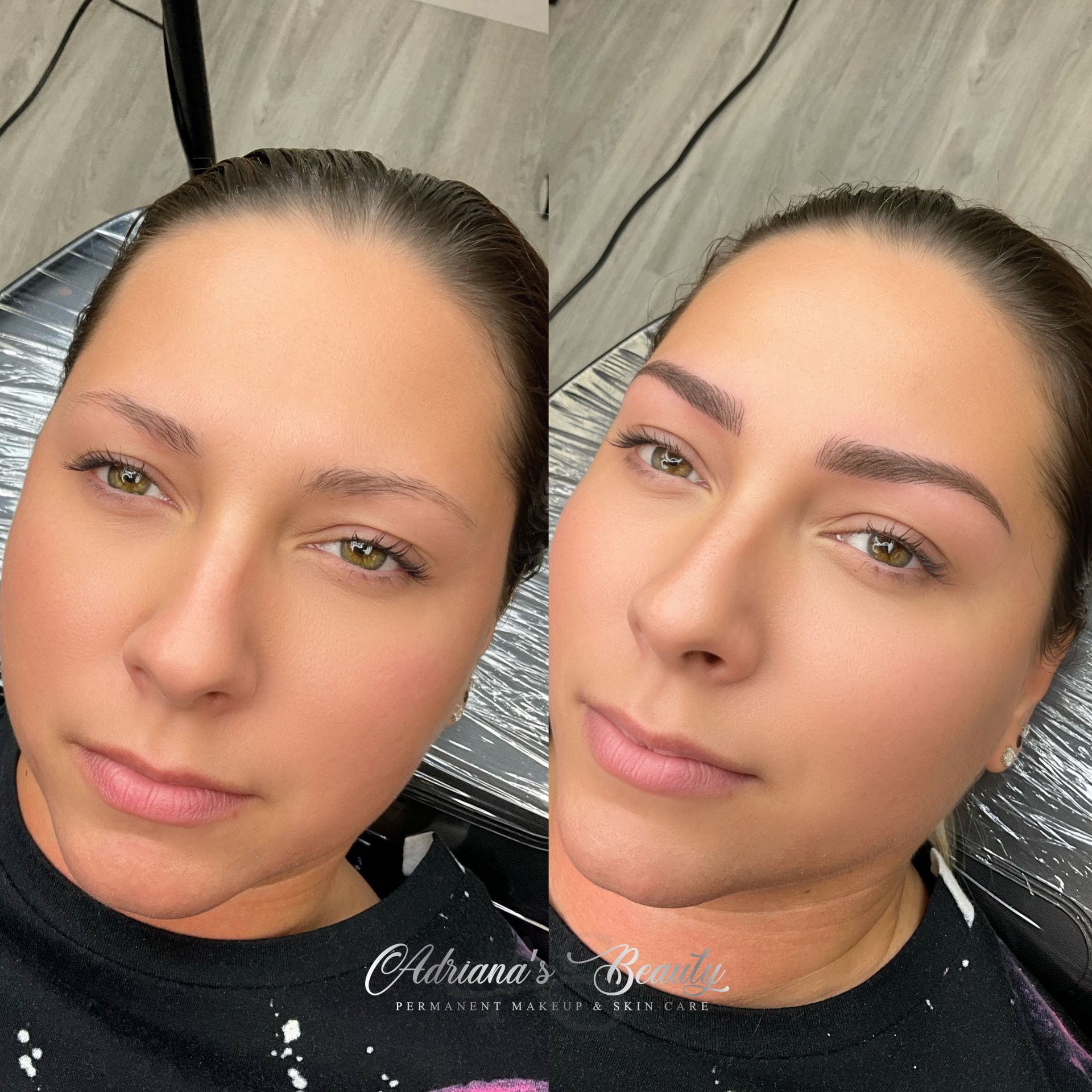 Woman before and after eyebrow microblading. Brown eyebrows, pale skin.