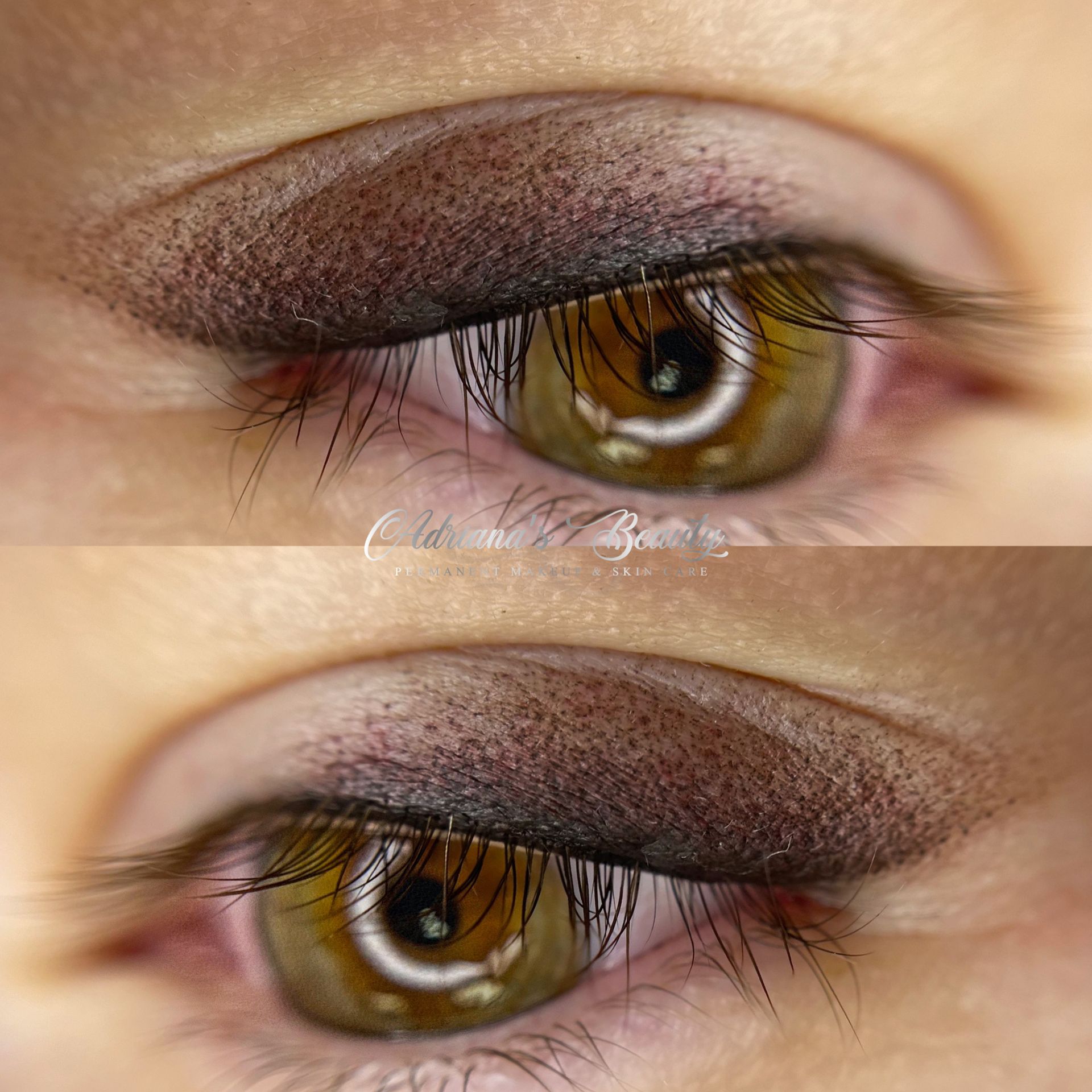 Close-up of an eye with a smoky eye makeup look. Brown eyeliner and eyeshadow. Green eye with light reflection.