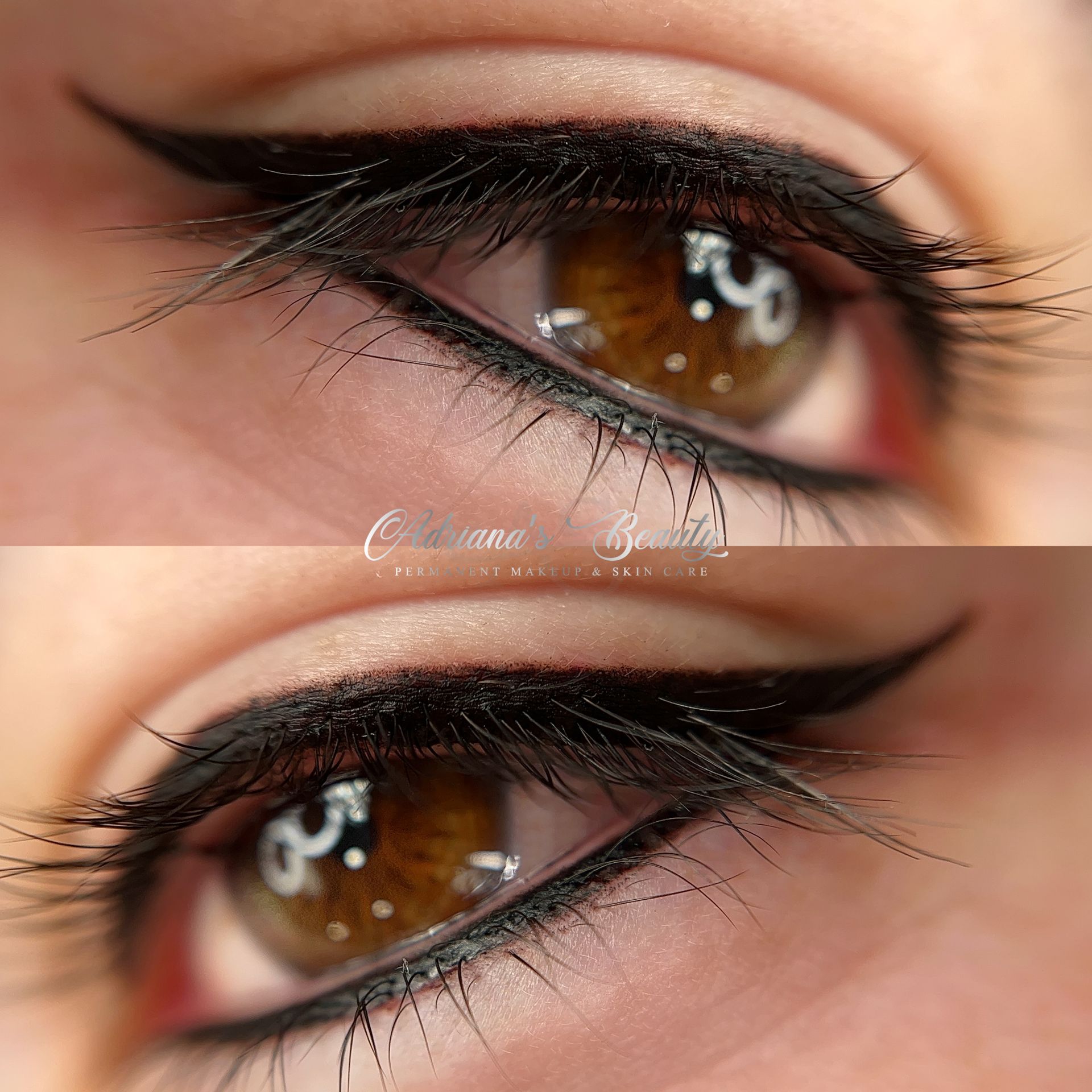 Close-up of a brown eye with winged eyeliner and long eyelashes.