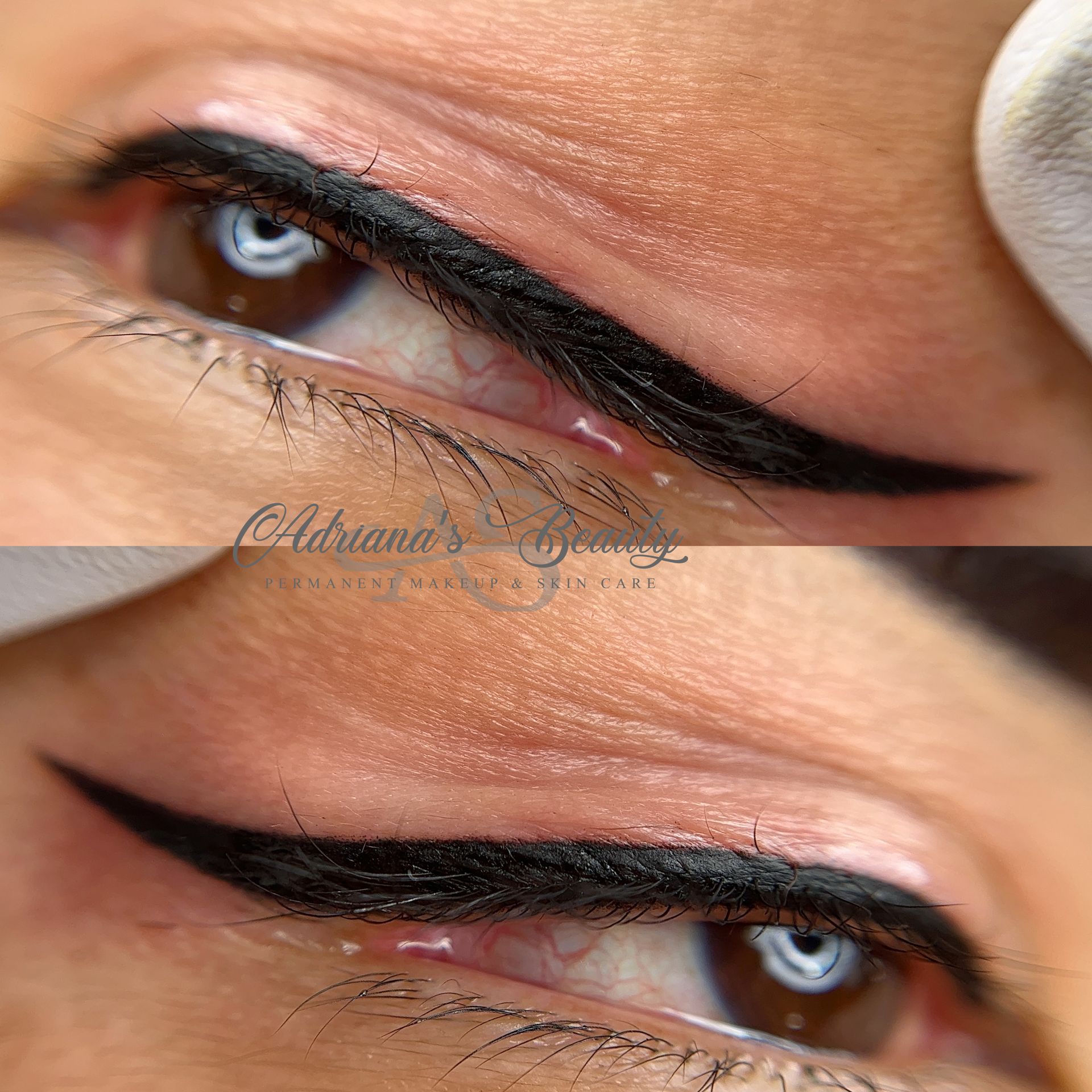 Close-up of an eye with permanent eyeliner. Black line drawn along the eyelid, showing before and after the procedure.