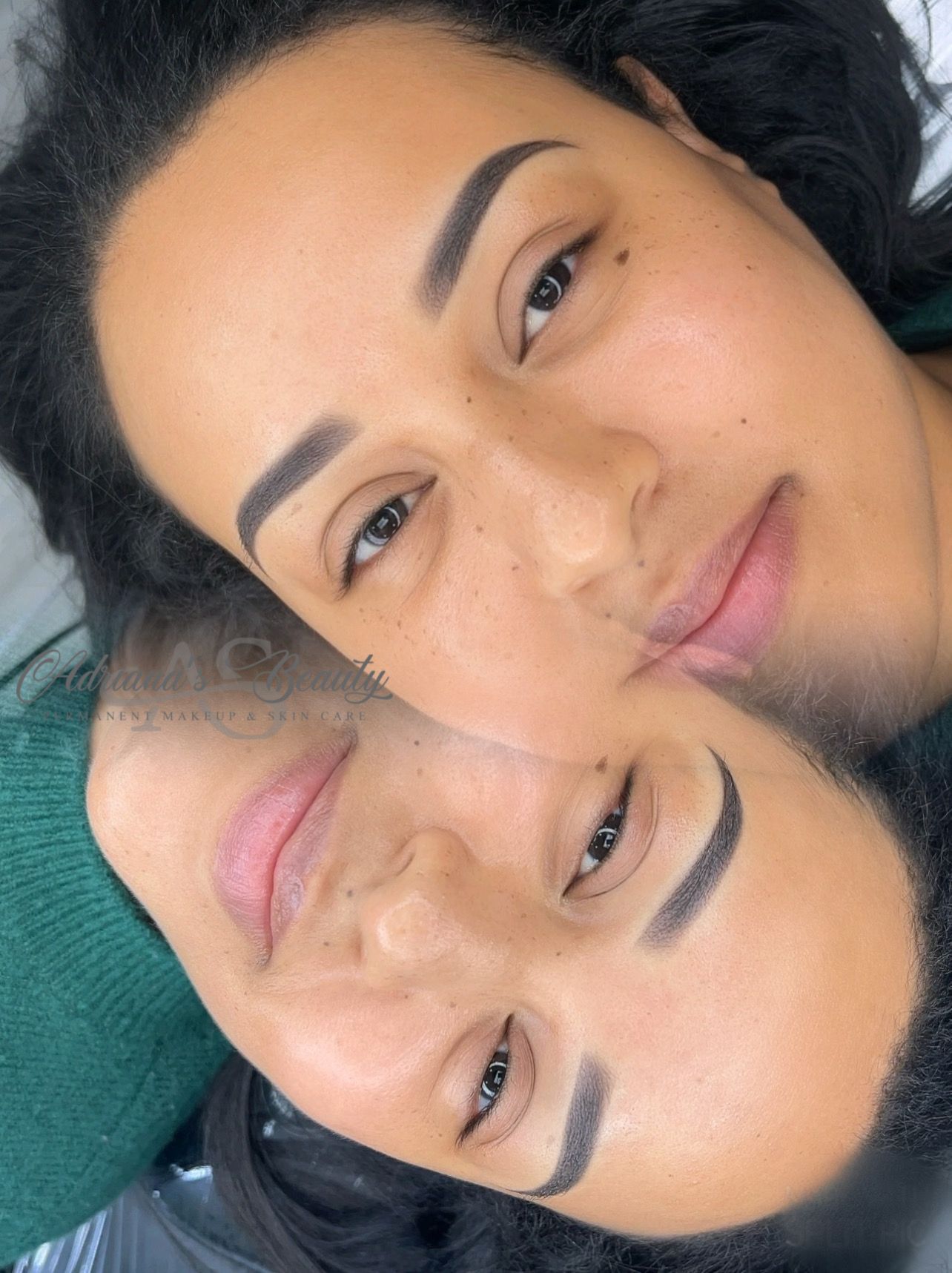 Two women with dark hair and eyebrows; resting on a black surface, looking towards the camera.