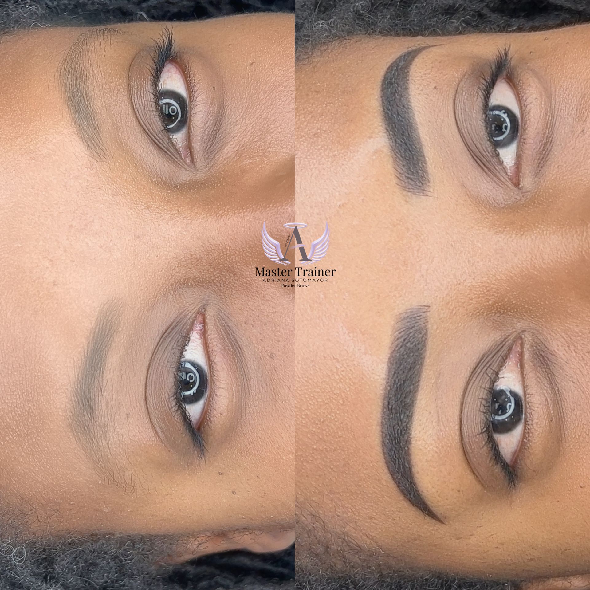 Before and after microbladed eyebrow comparison on a face. The eyebrows change shape, shade, and definition.