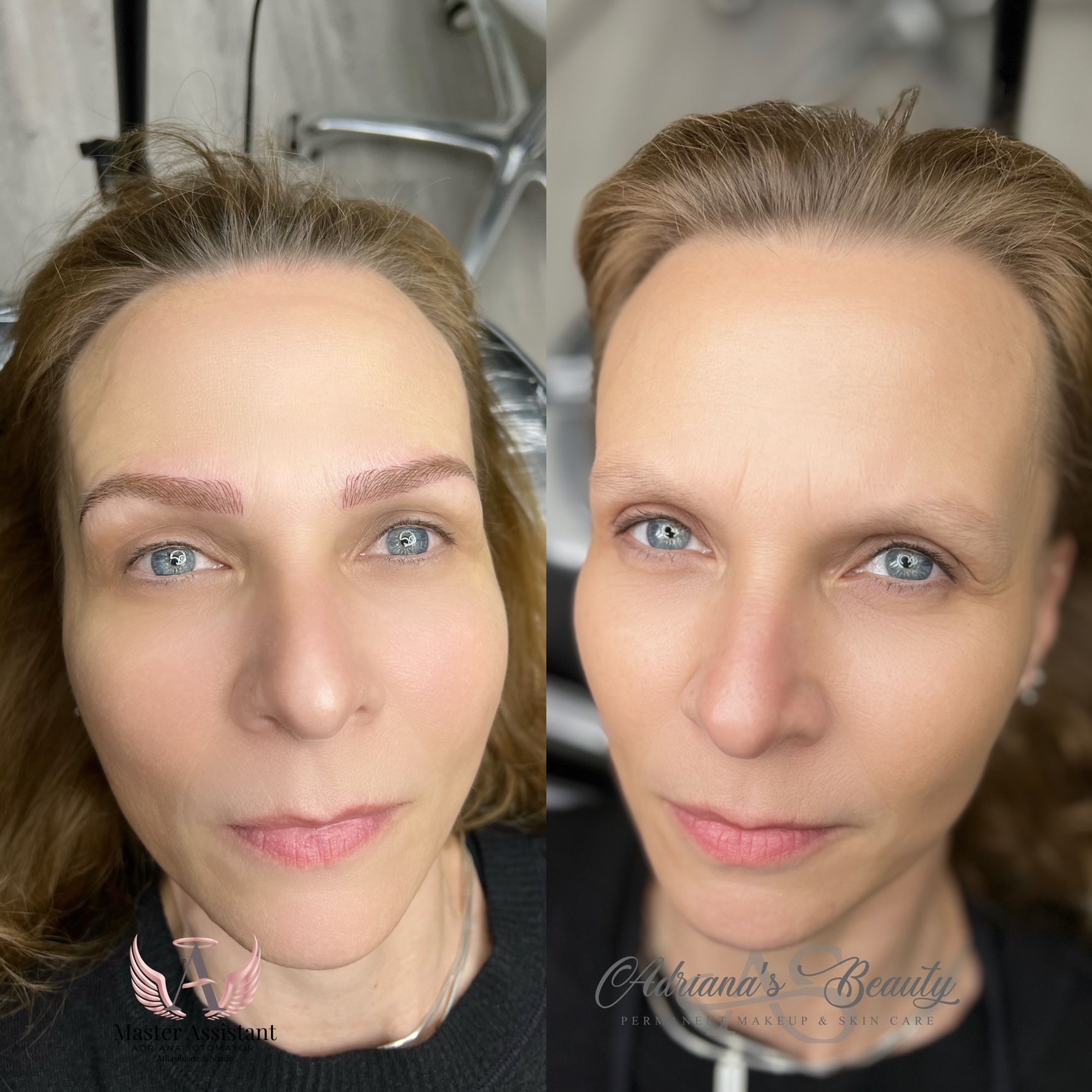 Woman with eyebrows before and after microblading, light skin, blue eyes.