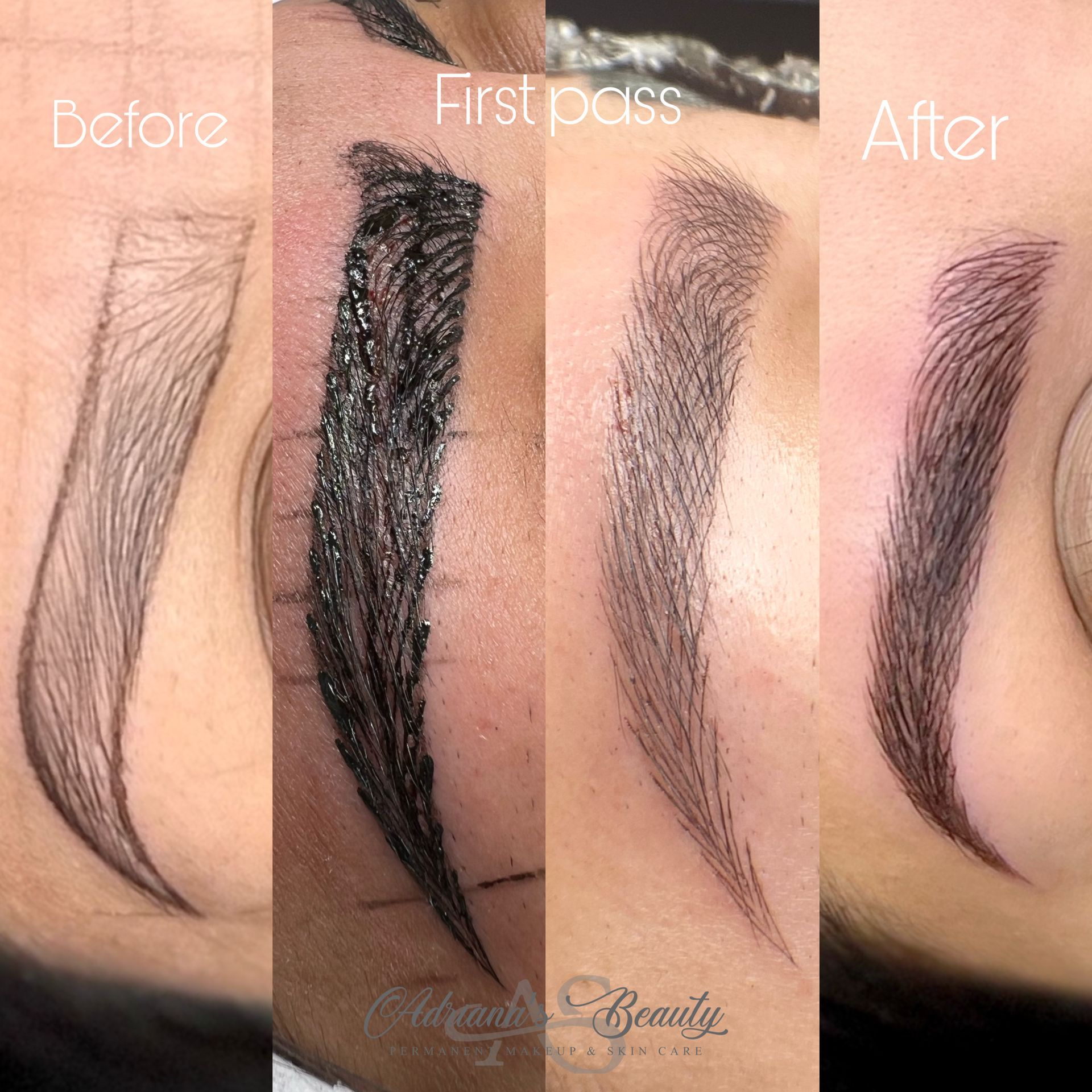 Eyebrow microblading process: Before, first pass (dark), after healing.