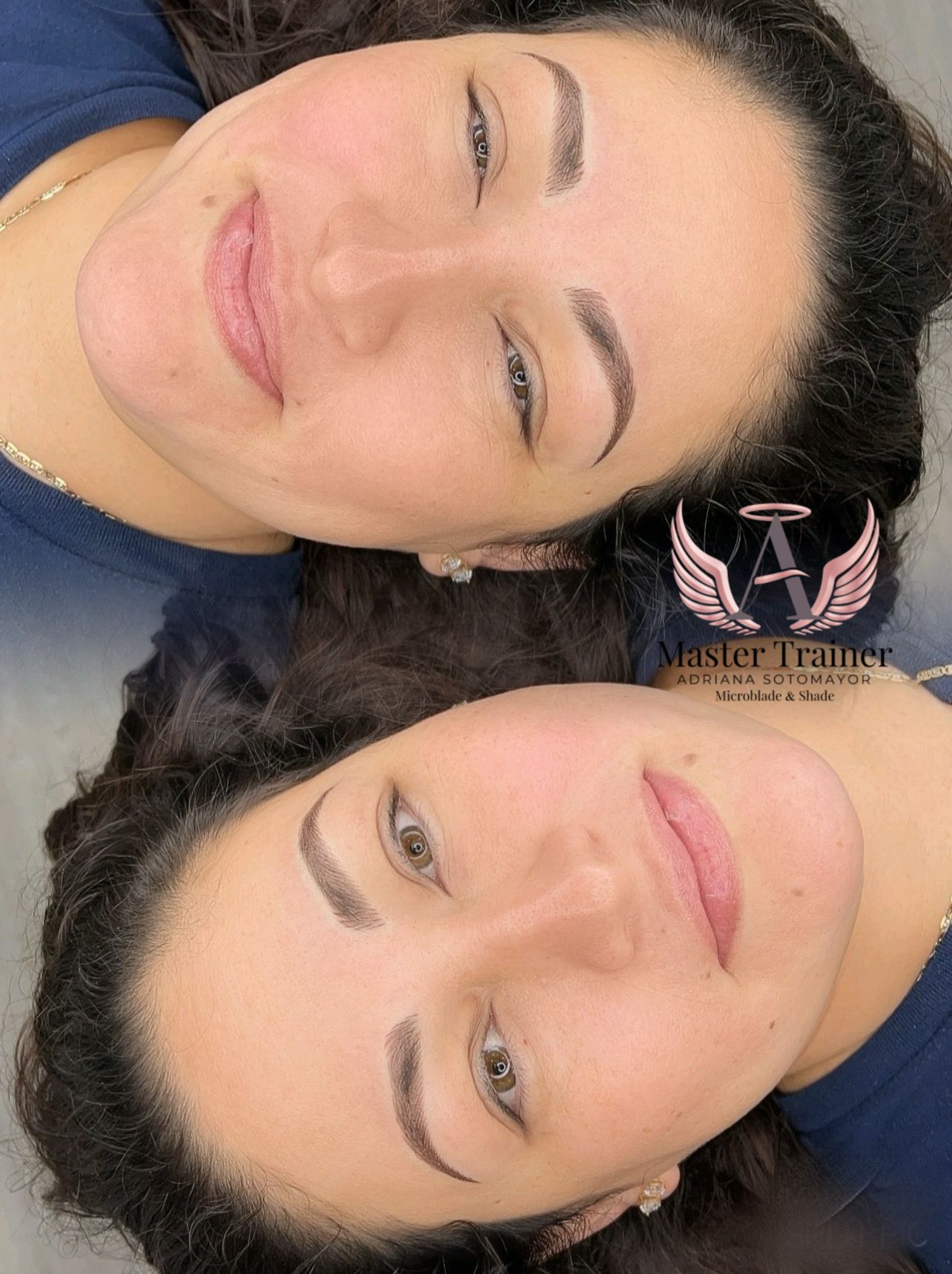 Two women with professionally done eyebrows and lip makeup; close-up shot.