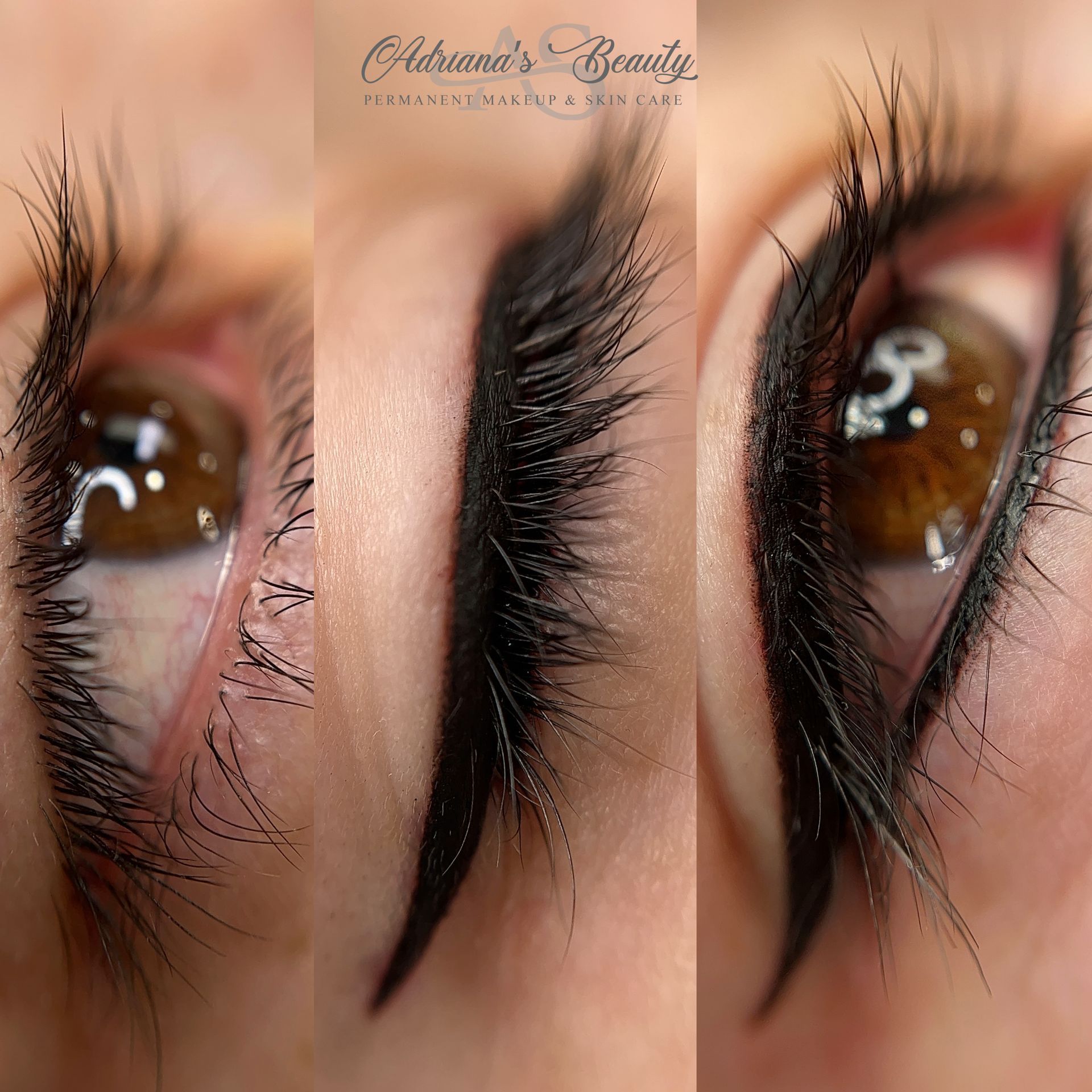 Close-up of an eye with dark eyeliner and long, black eyelashes. The eye is brown.