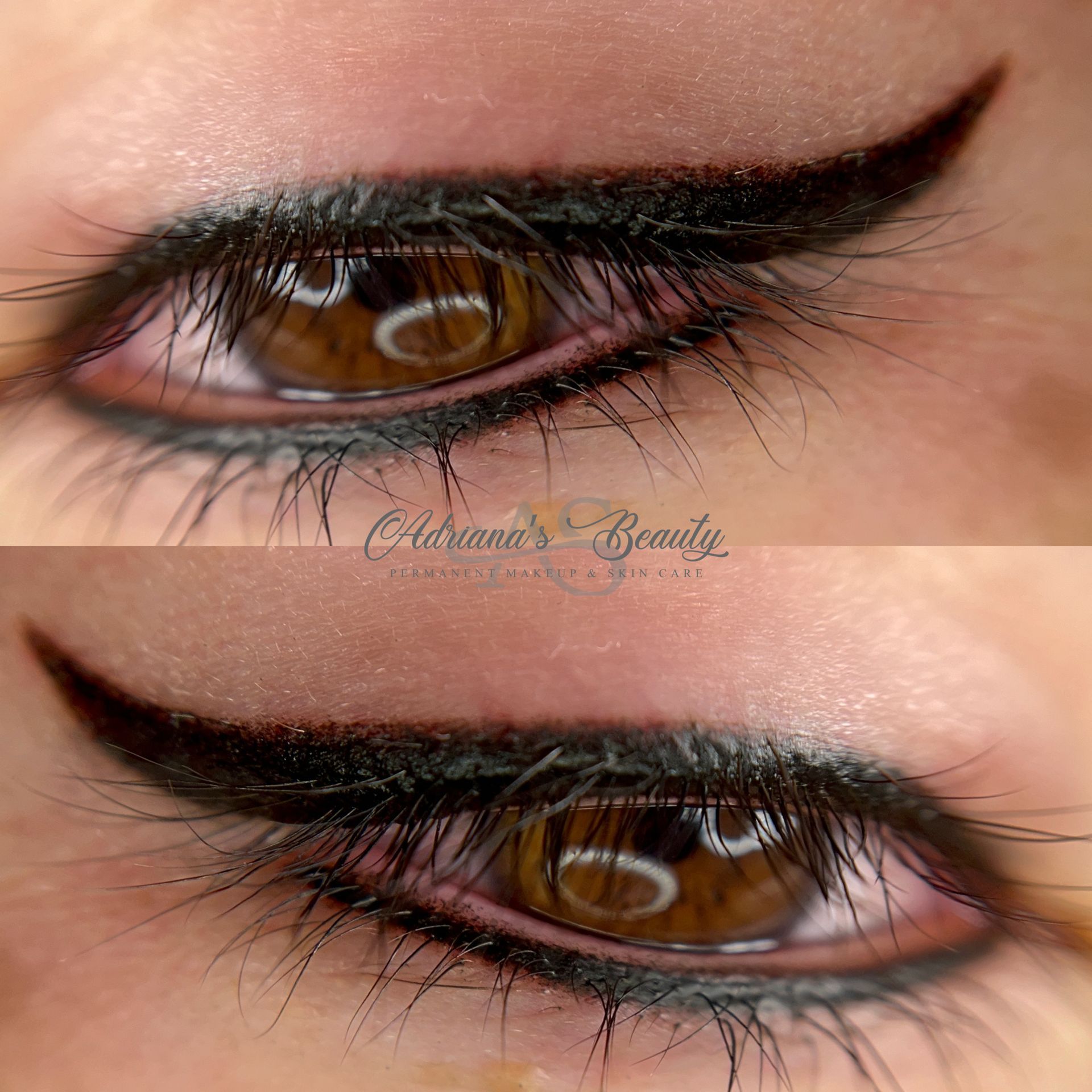 Close-up of an eye with permanent eyeliner, showcasing dark eyeliner, eyelashes, and brown iris.