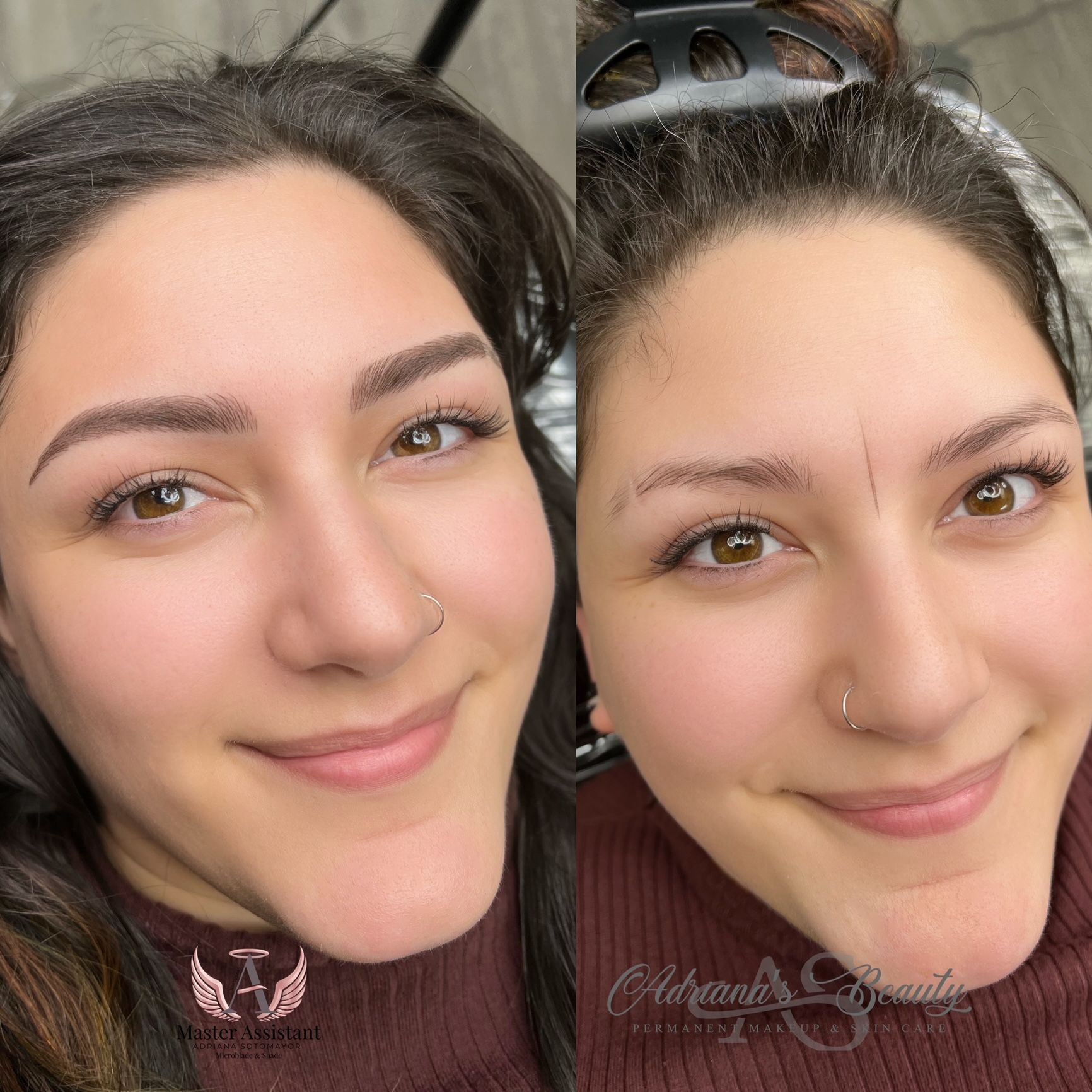 Woman with brown hair, before and after eyebrow microblading, smiling.