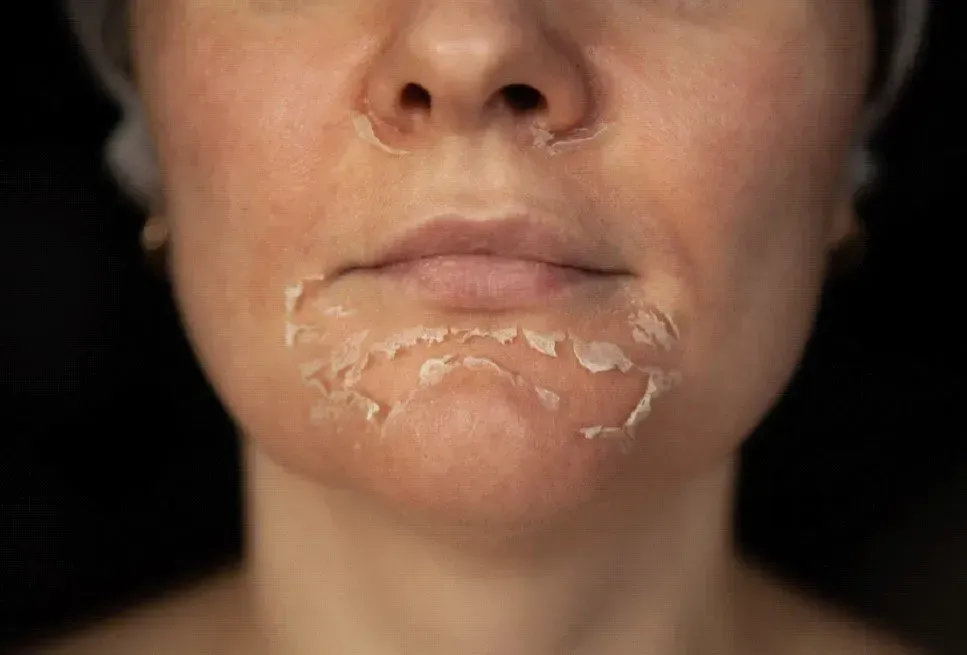 Close-up of a woman's face with peeling skin on the chin.