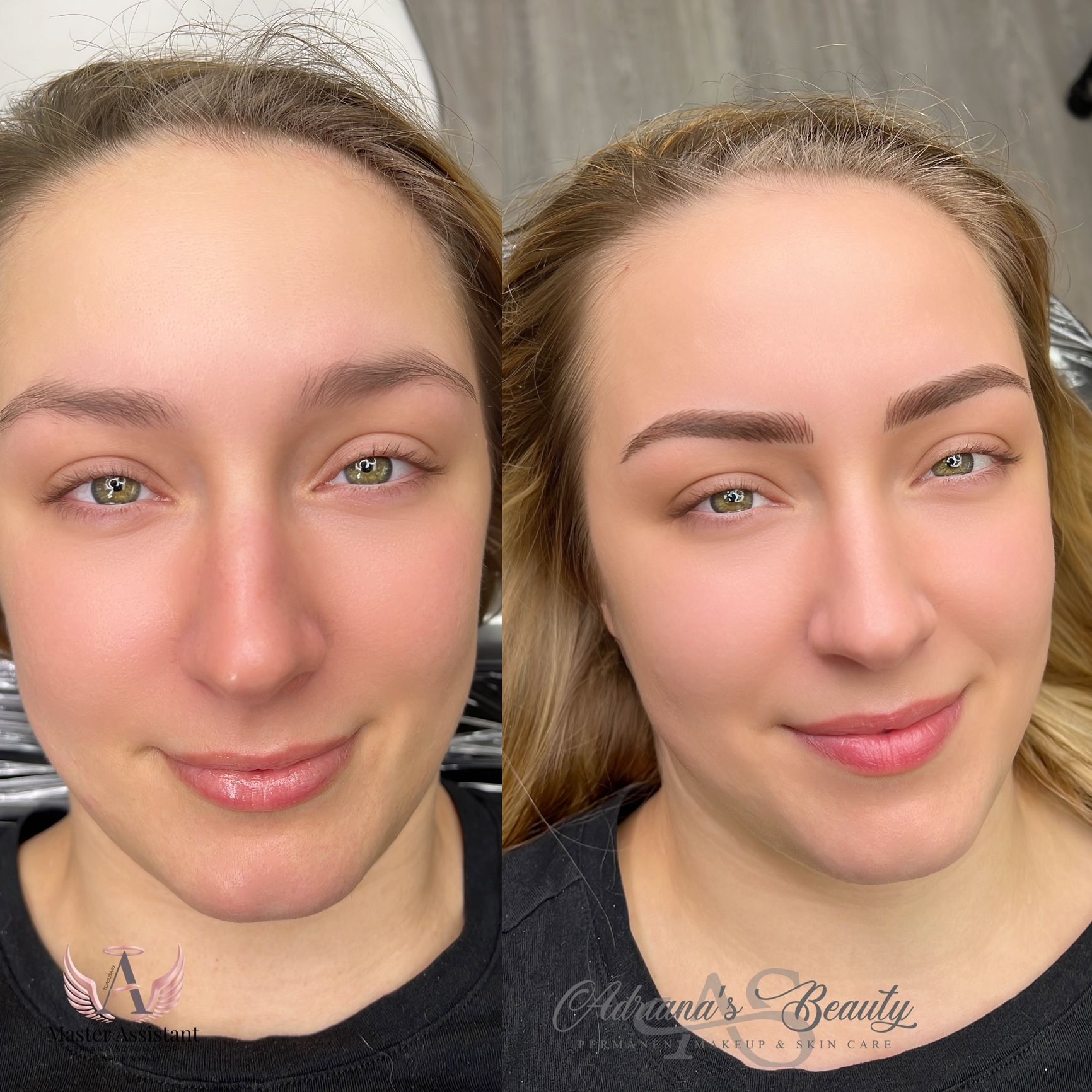 Before and after: Woman with sparse eyebrows, then with microbladed, filled-in eyebrows.