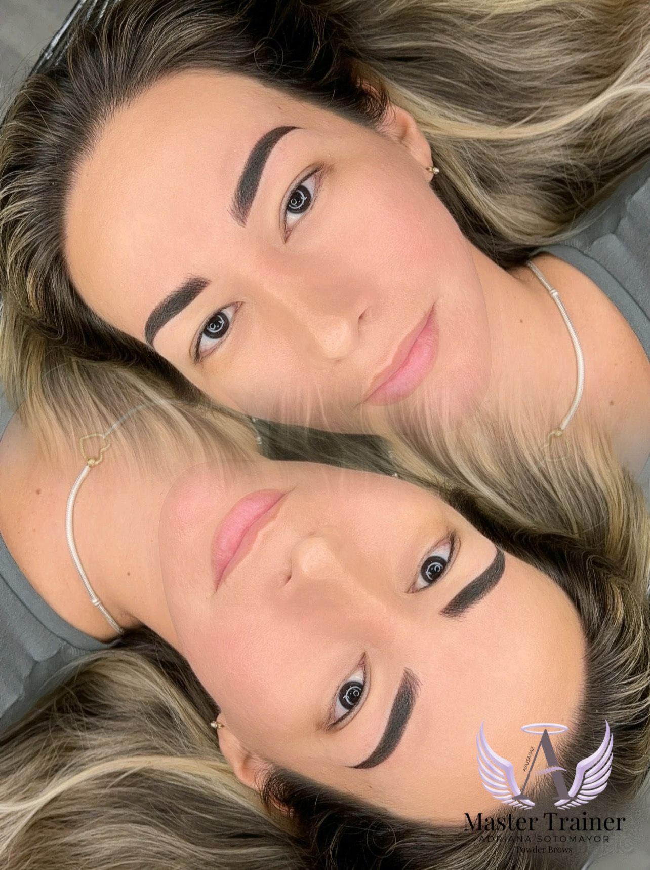 Woman with freshly microbladed eyebrows; two versions rotated, smiling.