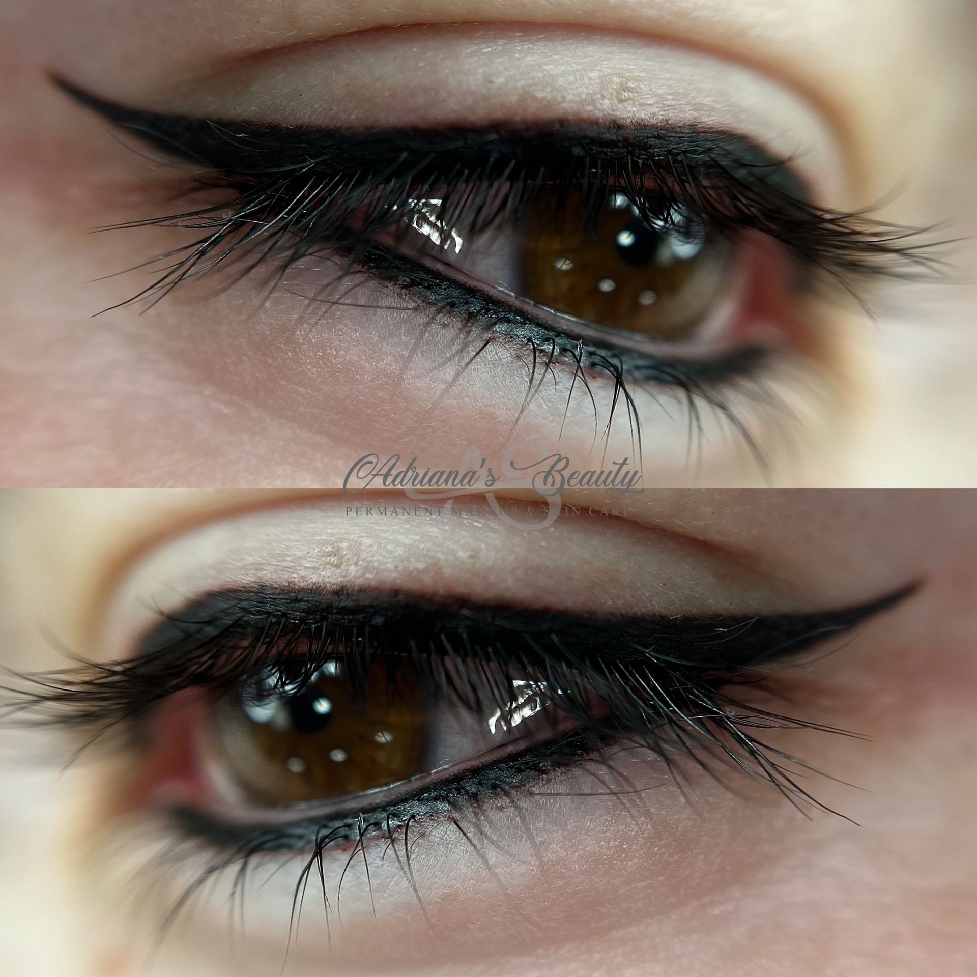 Close-up of two eyes with dramatic winged eyeliner and long, dark eyelashes.