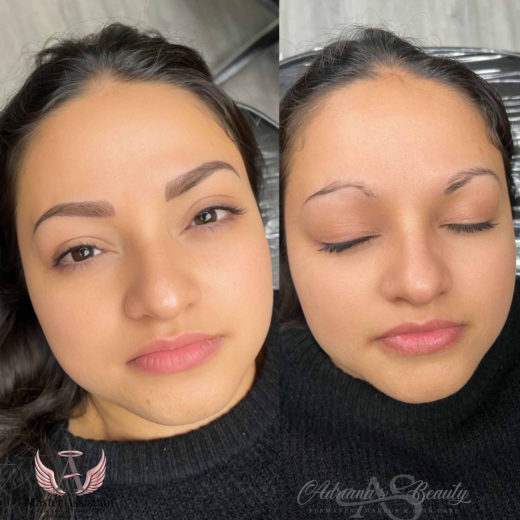 Woman's face before and after eyebrow microblading, left has filled eyebrows, right shows bare brows.