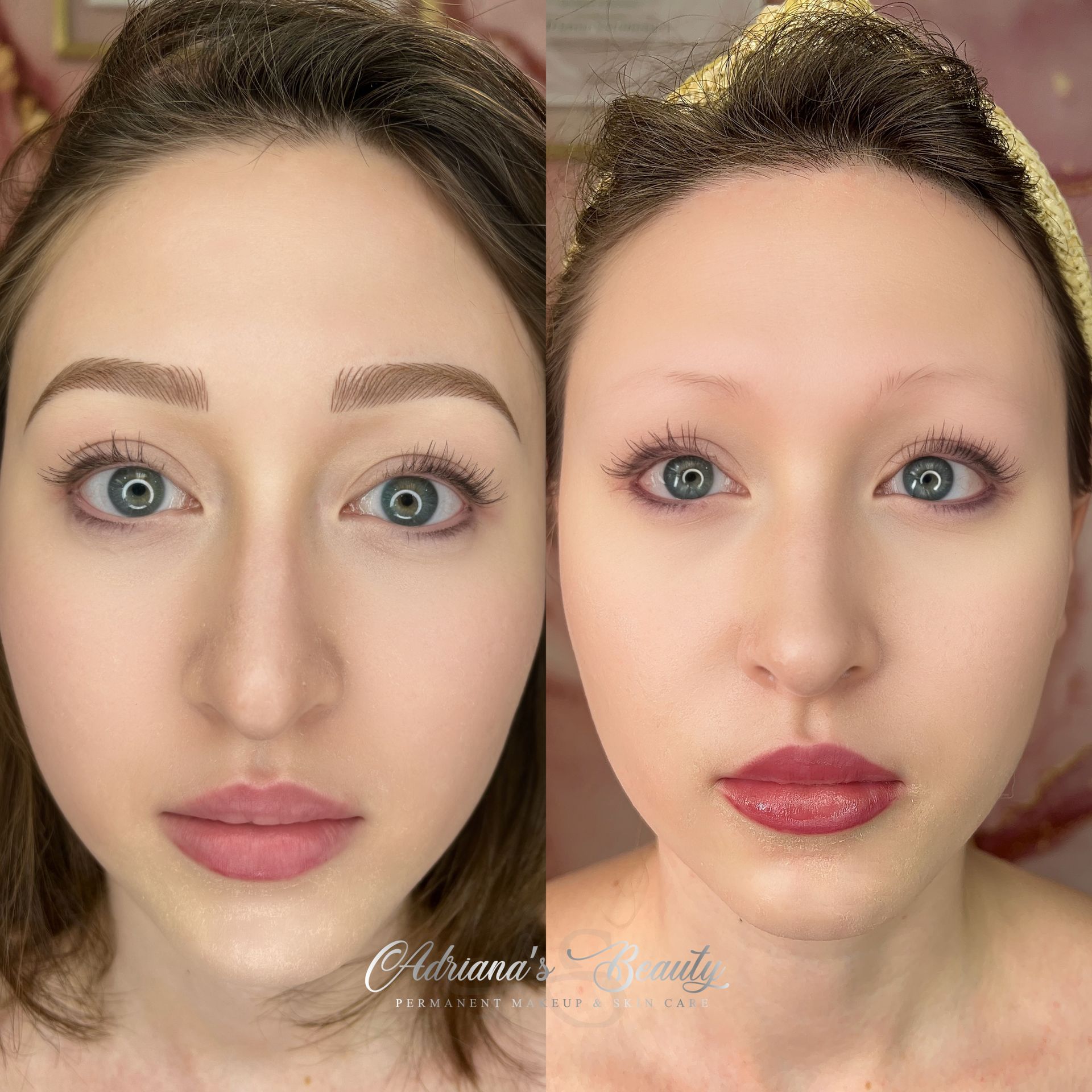 Woman's face before and after eyebrow tattoo; brown brows, pink lips, and light skin.