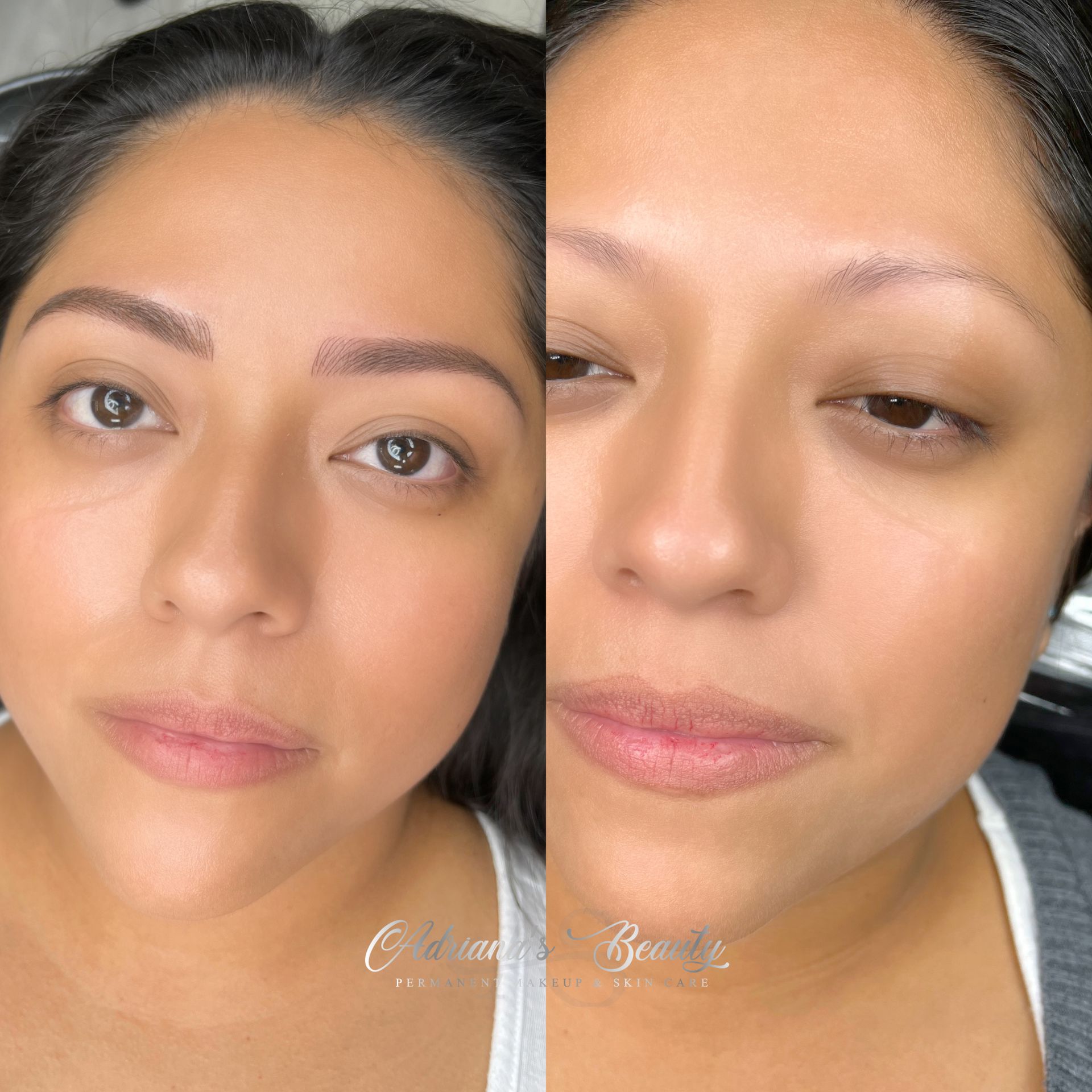 Woman with new brow tattoo, side-by-side comparison before and after. One brow is complete, other bare.