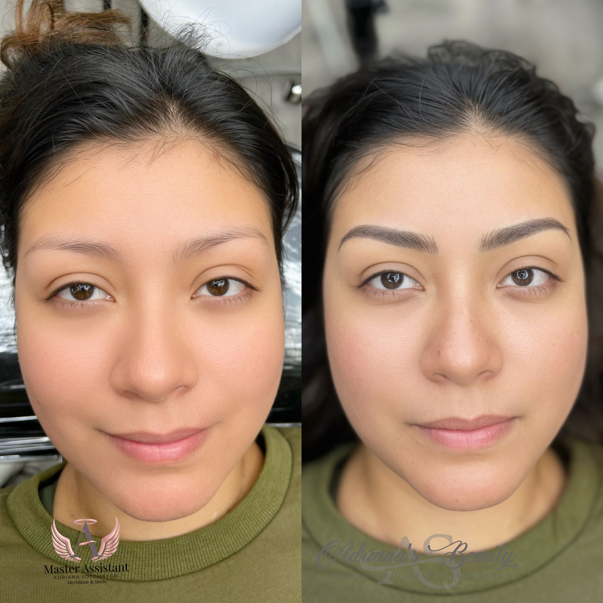 Before and after of woman's eyebrows, showing the cosmetic enhancement of the brows; she is in a beauty studio.
