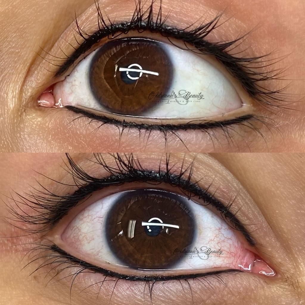 Two close-up shots of an eye with permanent eyeliner. Brown eyes with dark liner on top and bottom eyelids.