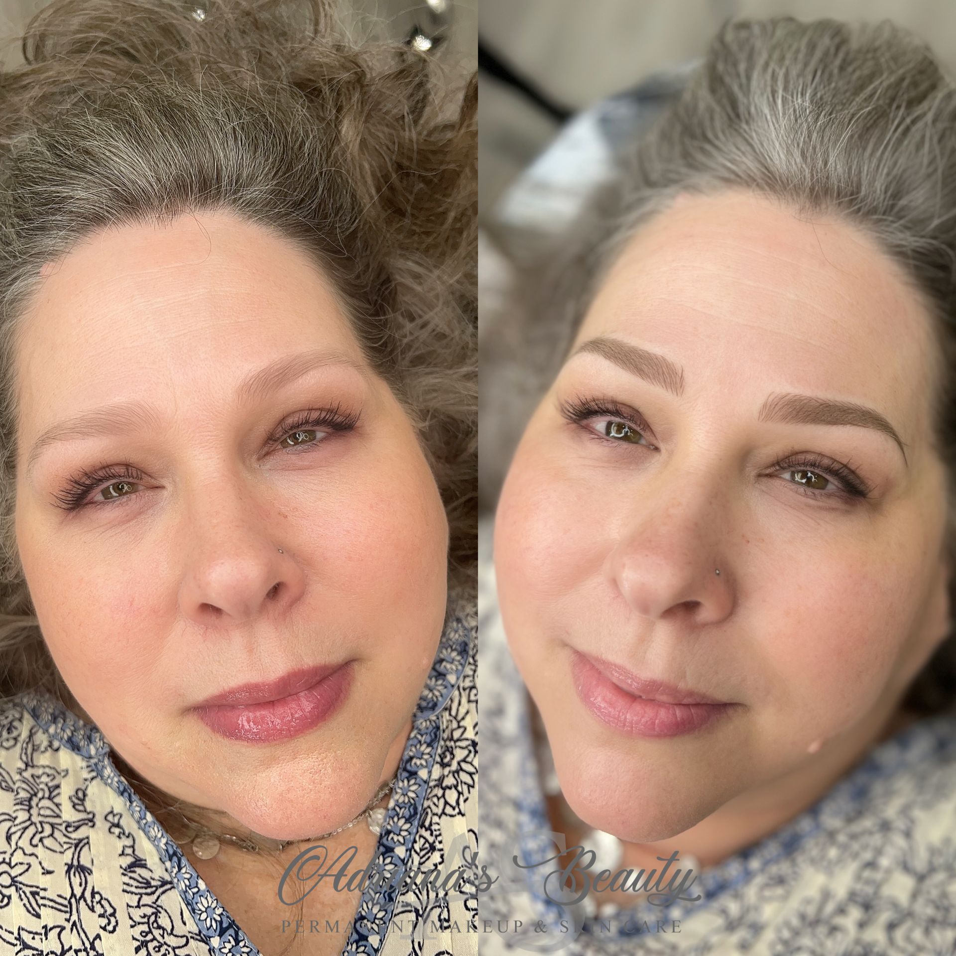 Woman before and after eyebrow microblading, with natural-looking, fuller brows.
