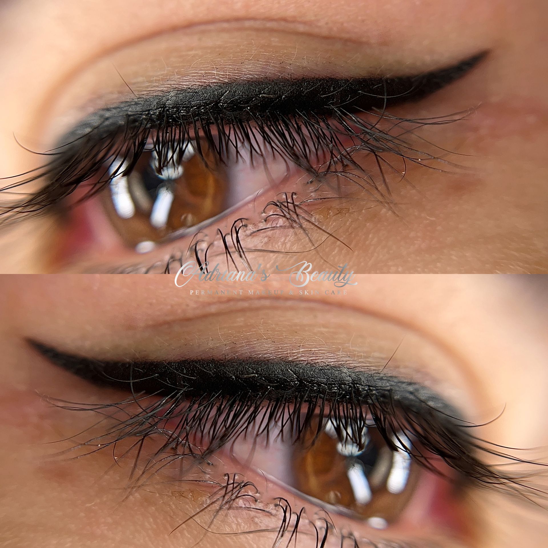 Close-up of eyes with permanent black eyeliner, highlighting the shape and detail of the eyes and makeup.