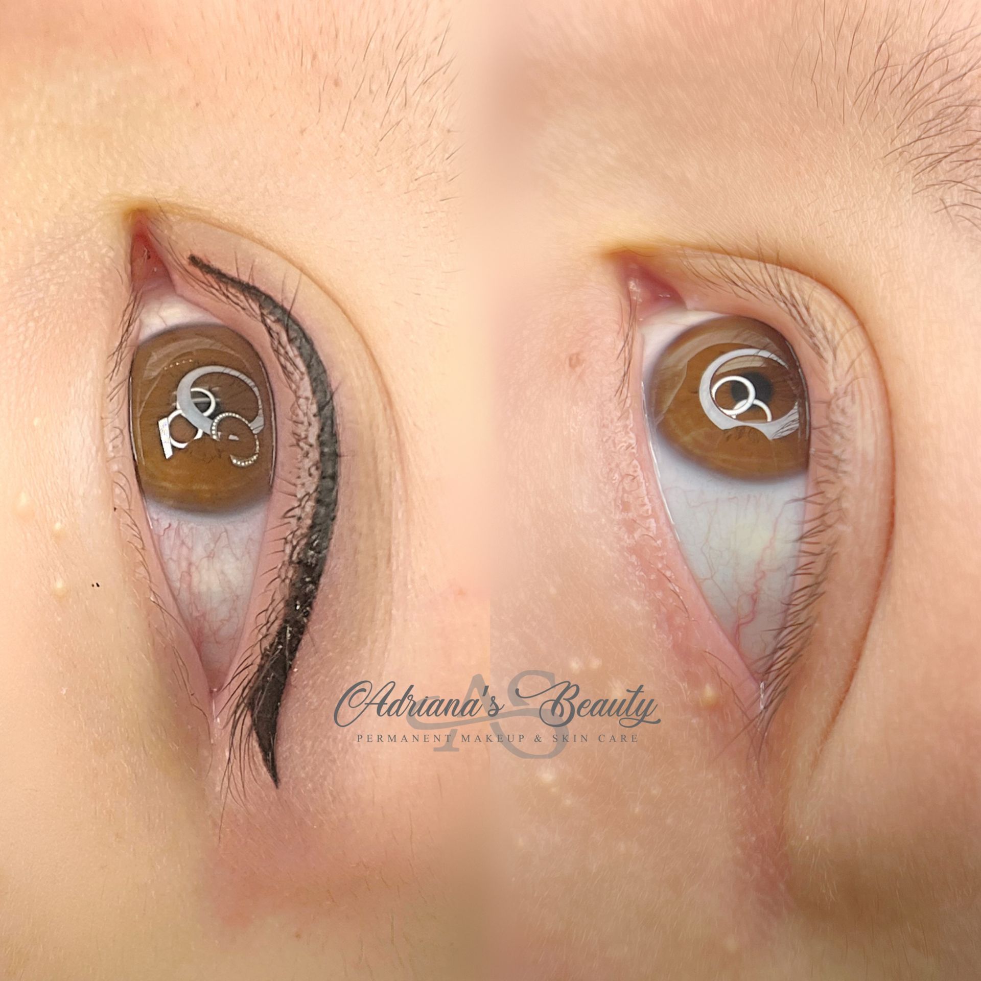 Close-up of two eyes with eyeliner. The left eye has a thick, black liner. Brown irises with light reflection.