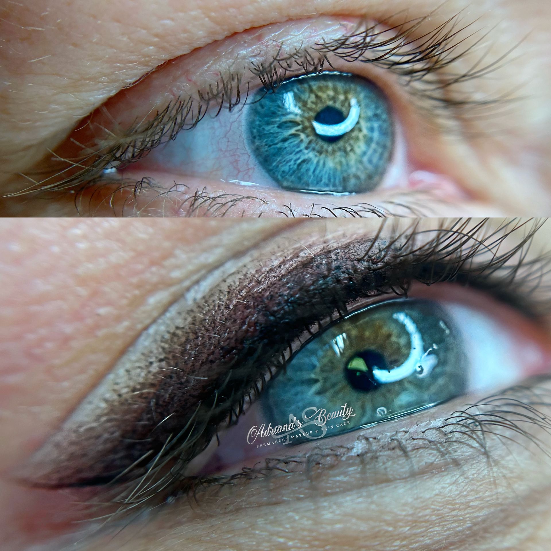 Top: Eye with blue-green iris. Bottom: Same eye with permanent eyeliner applied, showing contrast.