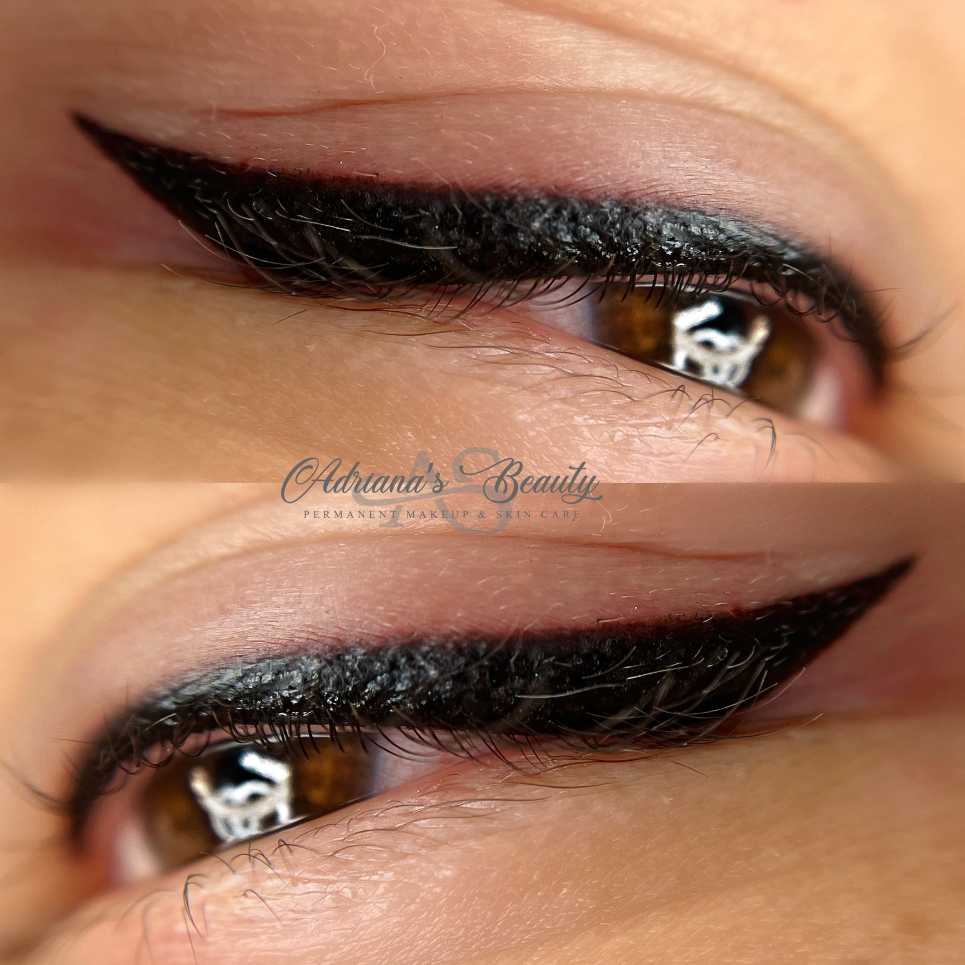 Close-up of a woman's eye with permanent eyeliner, angled wing, and brown eye color.
