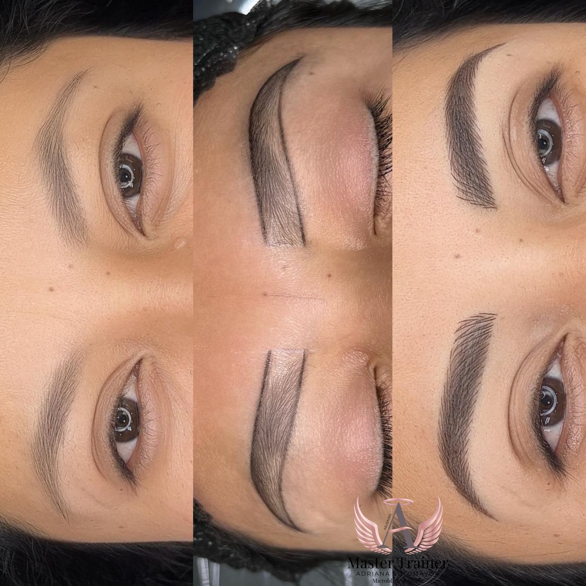 Eyebrow microblading process: Before, during, and after.  Person's eyes and brows. Dark eyebrows are shaped.