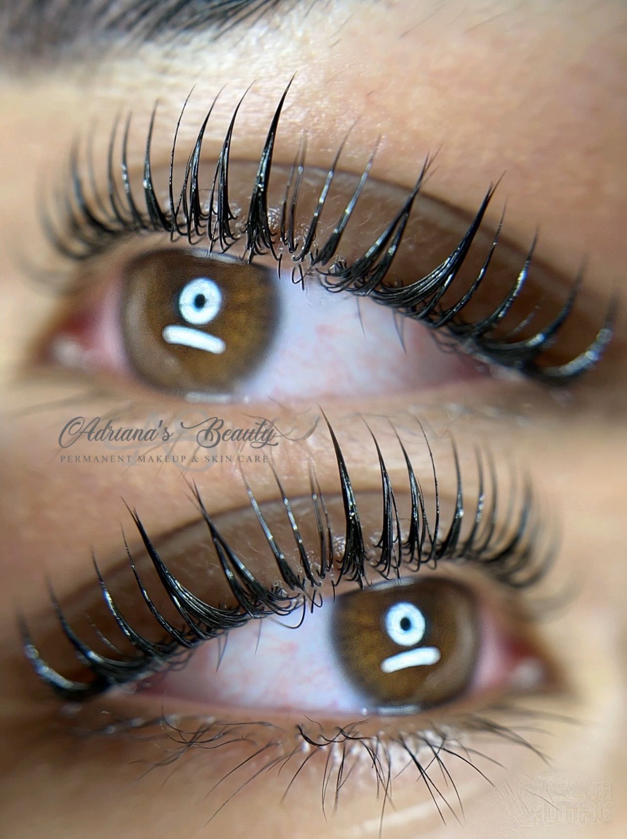 Two close-up shots of brown eyes with curled, glossy black lashes; likely a lash lift treatment.