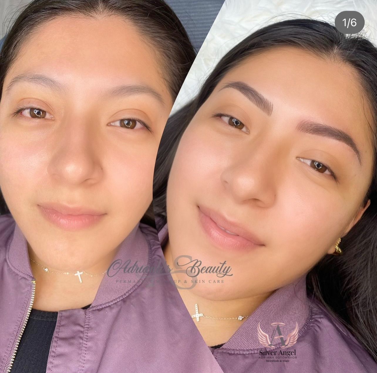 Before-and-after of a woman's eyebrows. The 'after' shows filled-in, shaped brows, brightening her face.