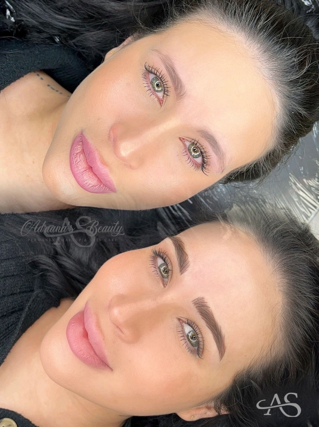 Two women with microbladed eyebrows and lip color; light skin, green eyes.