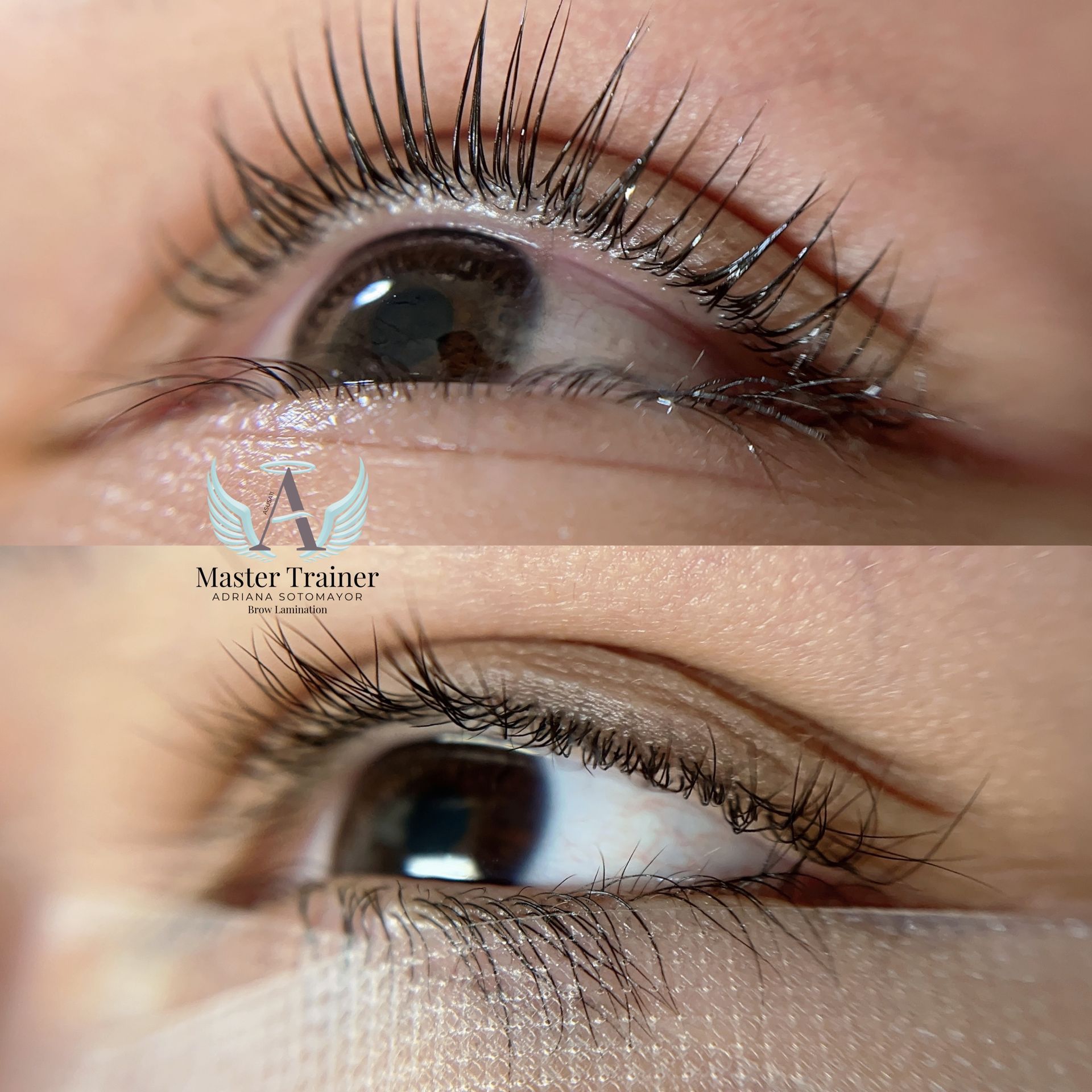 Before and after views of a person's eye with a lash lift.