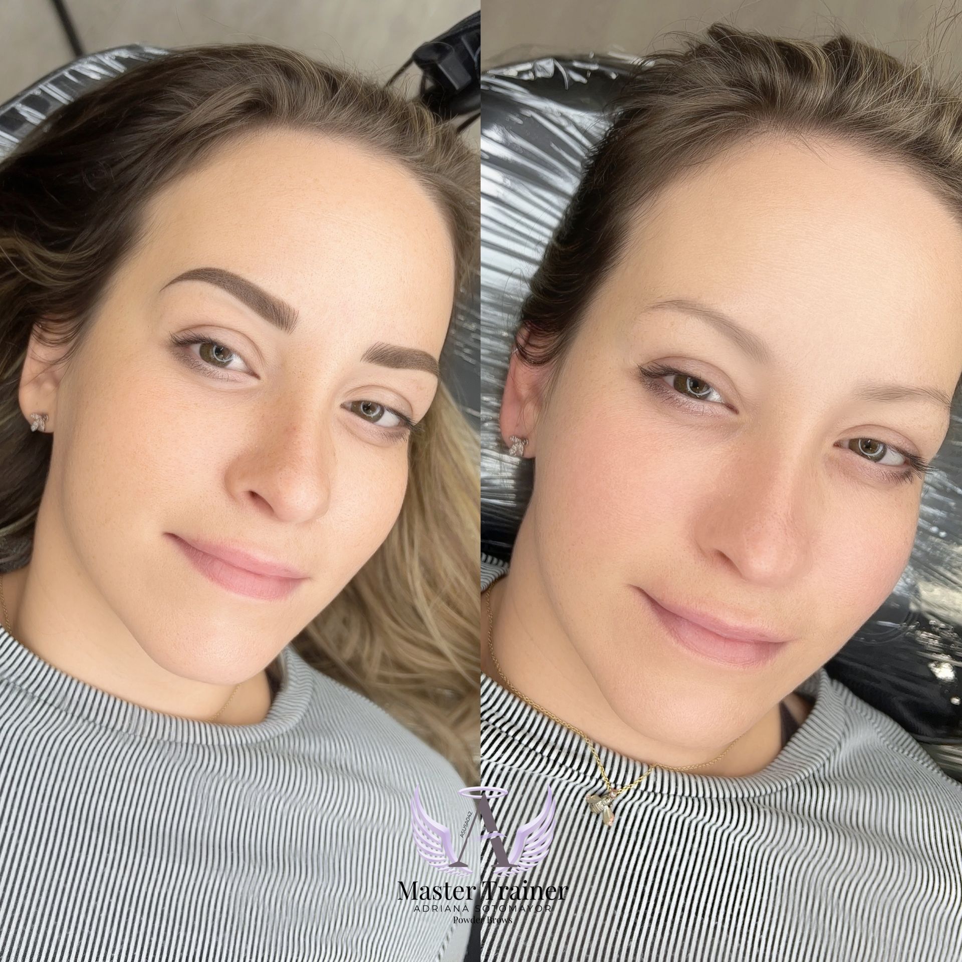 Before and after photos of a woman's eyebrows: the left has eyebrow makeup, the right has no makeup.