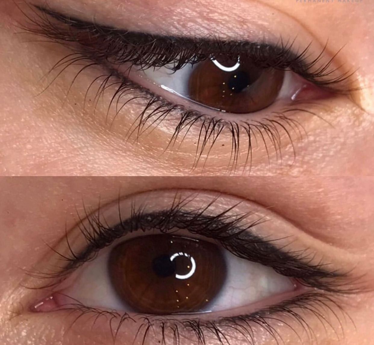 Two close-up views of a brown-eyed person with black eyeliner. Eyelashes are visible; the skin is light.