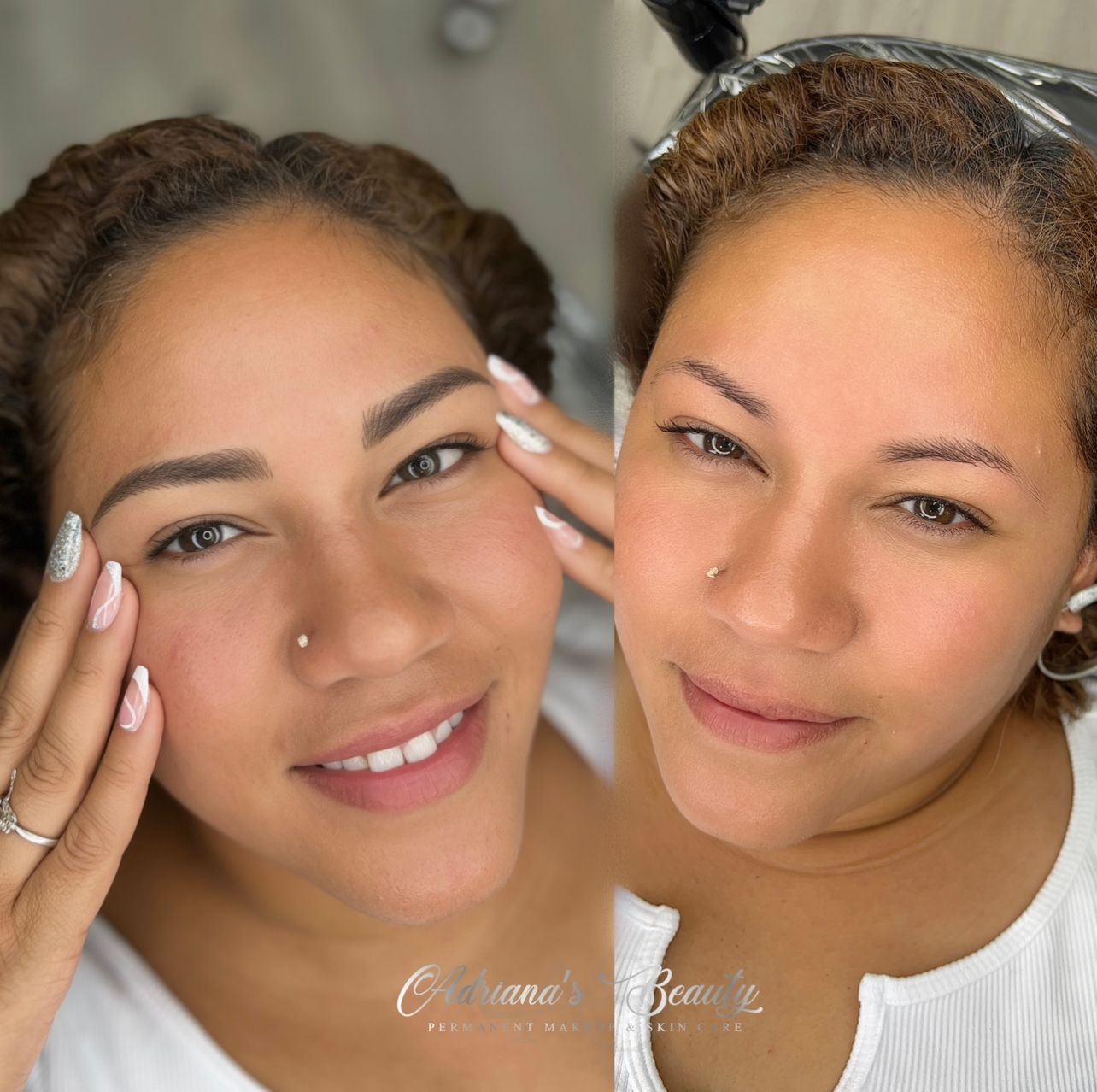 Before and after shots of a woman's eyebrows. Left: finished brows. Right: brows before microblading.