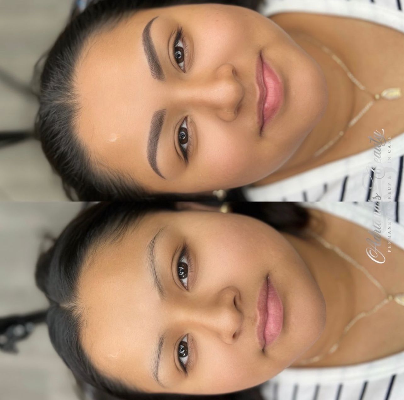 Before and after eyebrow microblading on a person with brown skin.