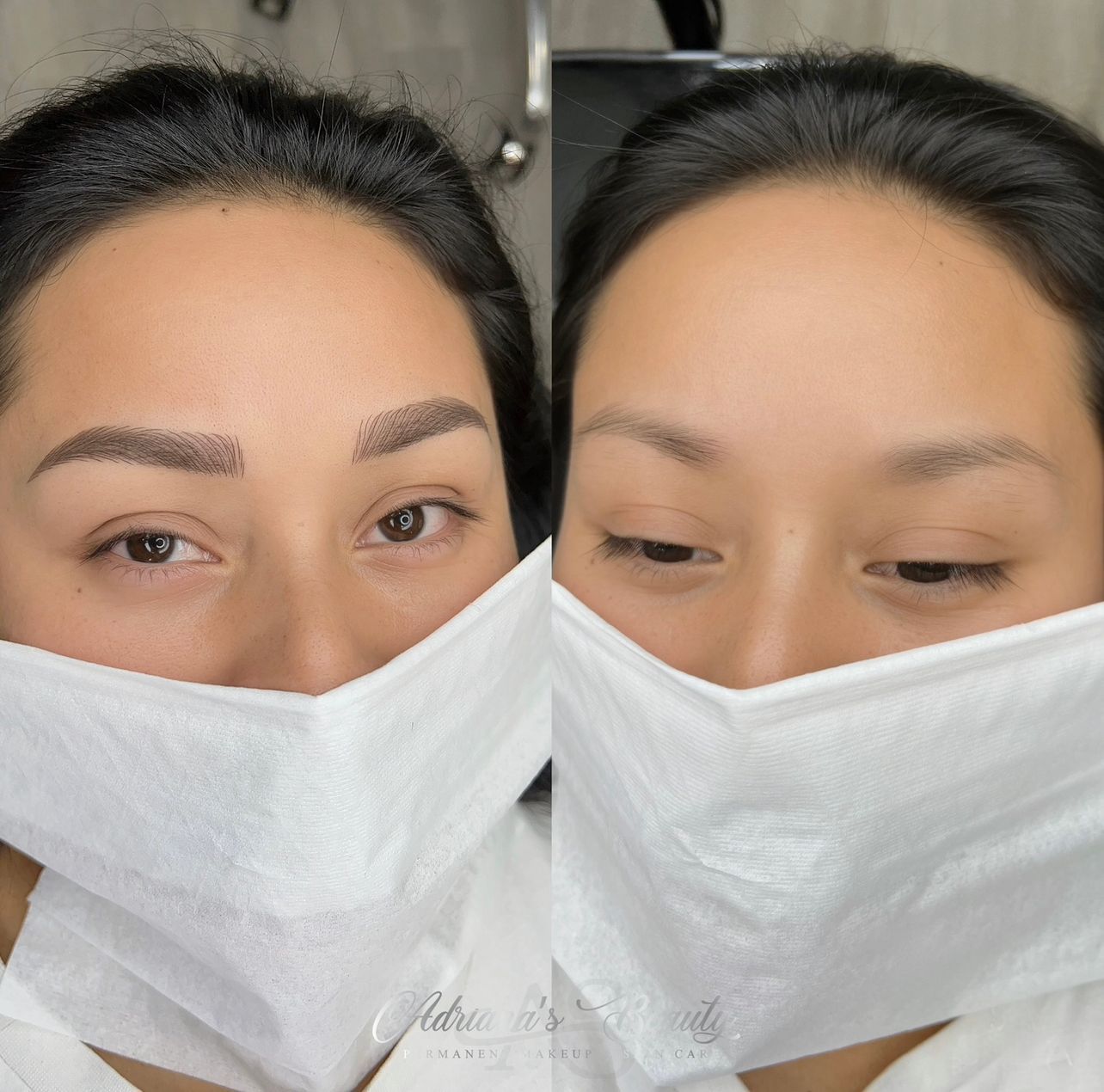 Woman with eyebrow microblading, masked. Left: new brows. Right: before.