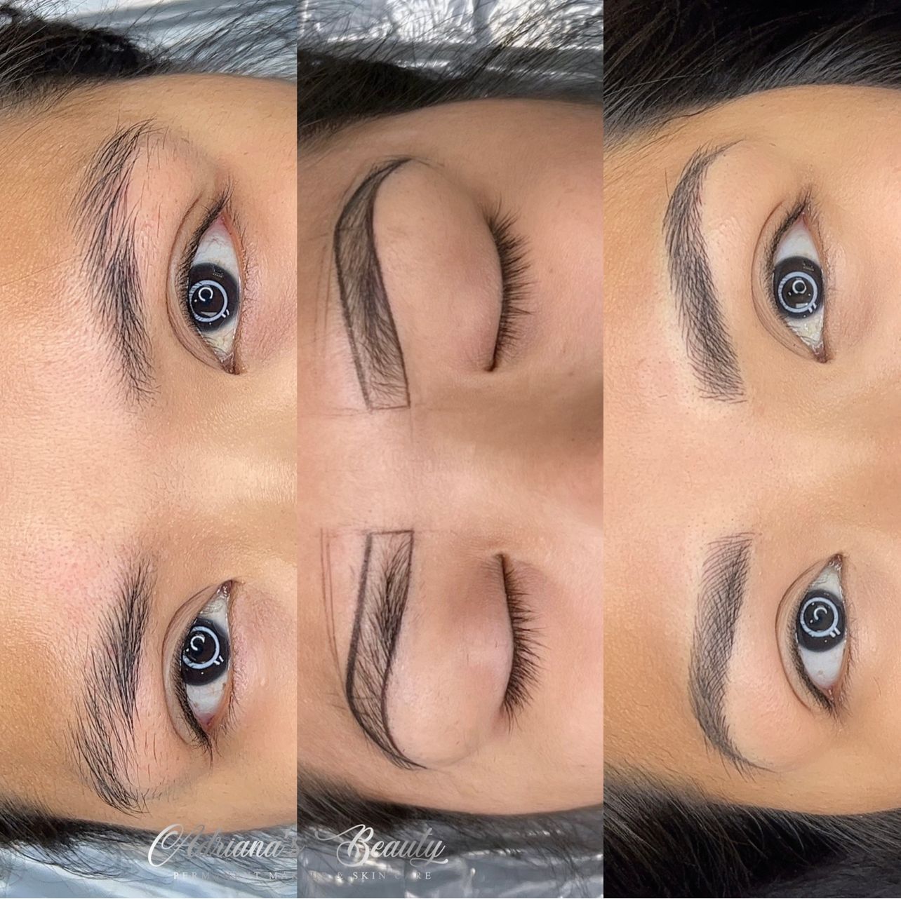 Eyebrow microblading process: Before, during, and after. Close-up of eyes.