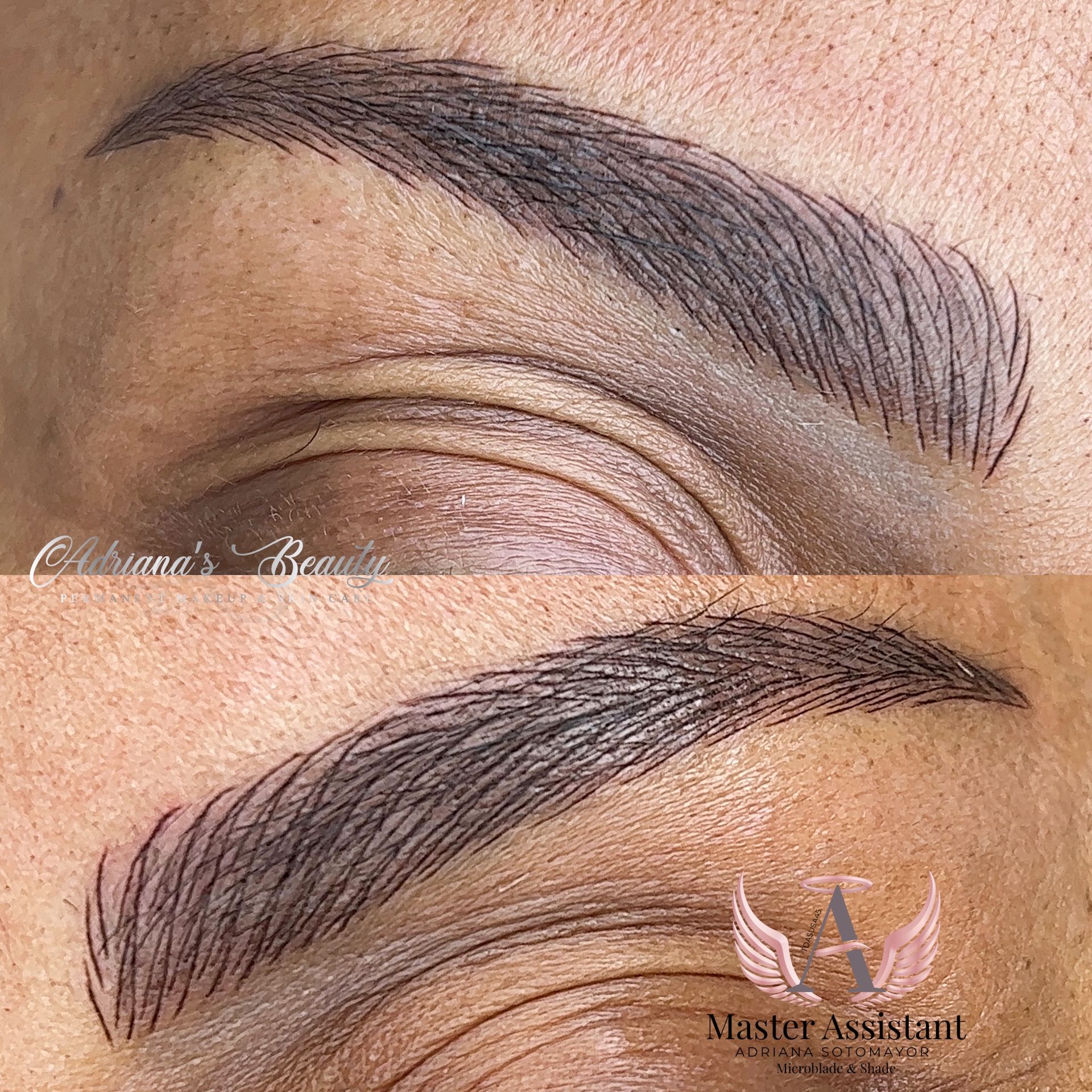 Two close-up views of eyebrow microblading: before and after, showing thin hair-like strokes.