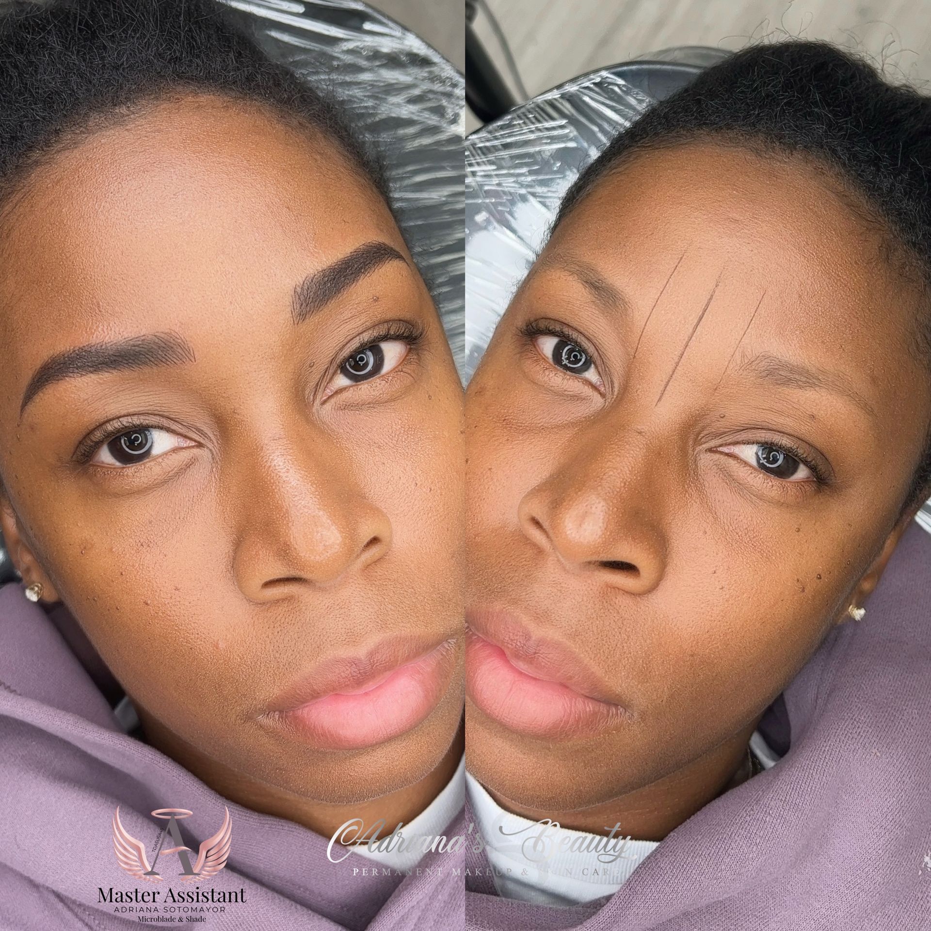 Woman's face before and after eyebrow microblading. Left: completed brows. Right: brow mapping.