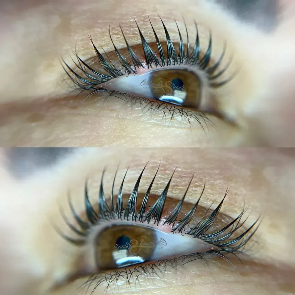 Close-up of a person's eye with curled and lifted lashes, brown iris, and a slight reflection.