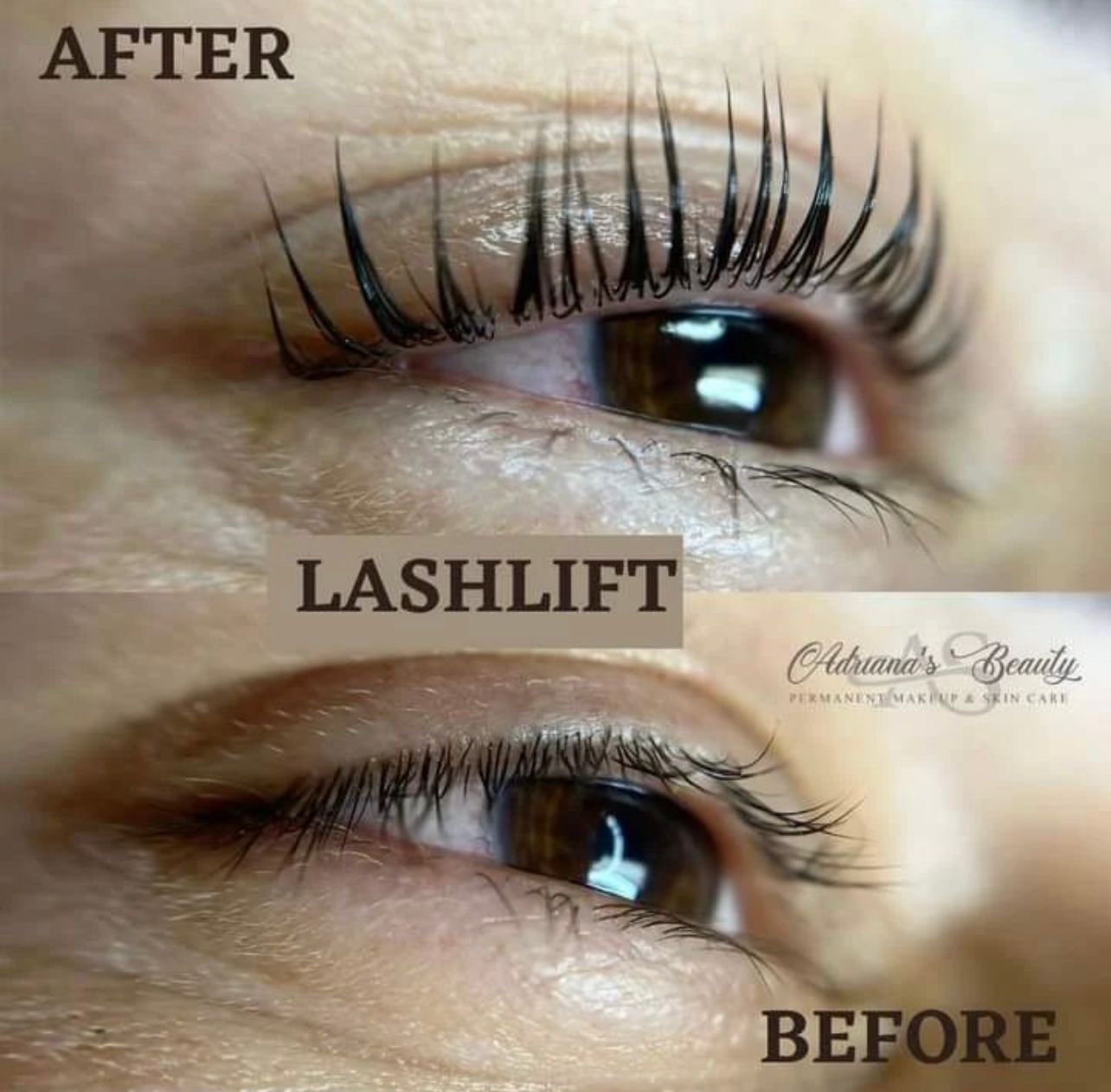 Lash lift comparison: Before/After view of brown eyes, showing lifted, curled lashes after treatment.