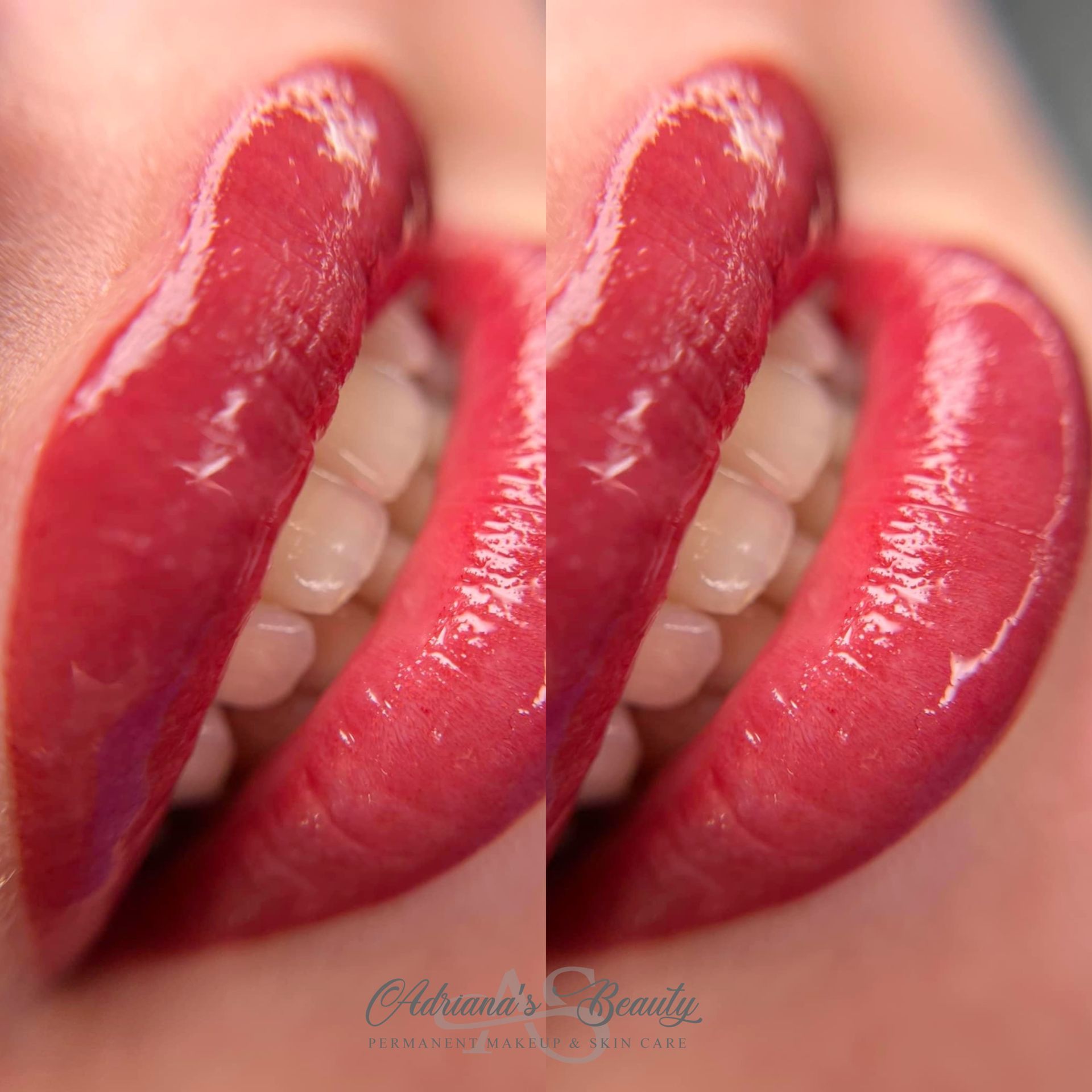 Close-up of red glossy lips parted, revealing white teeth.